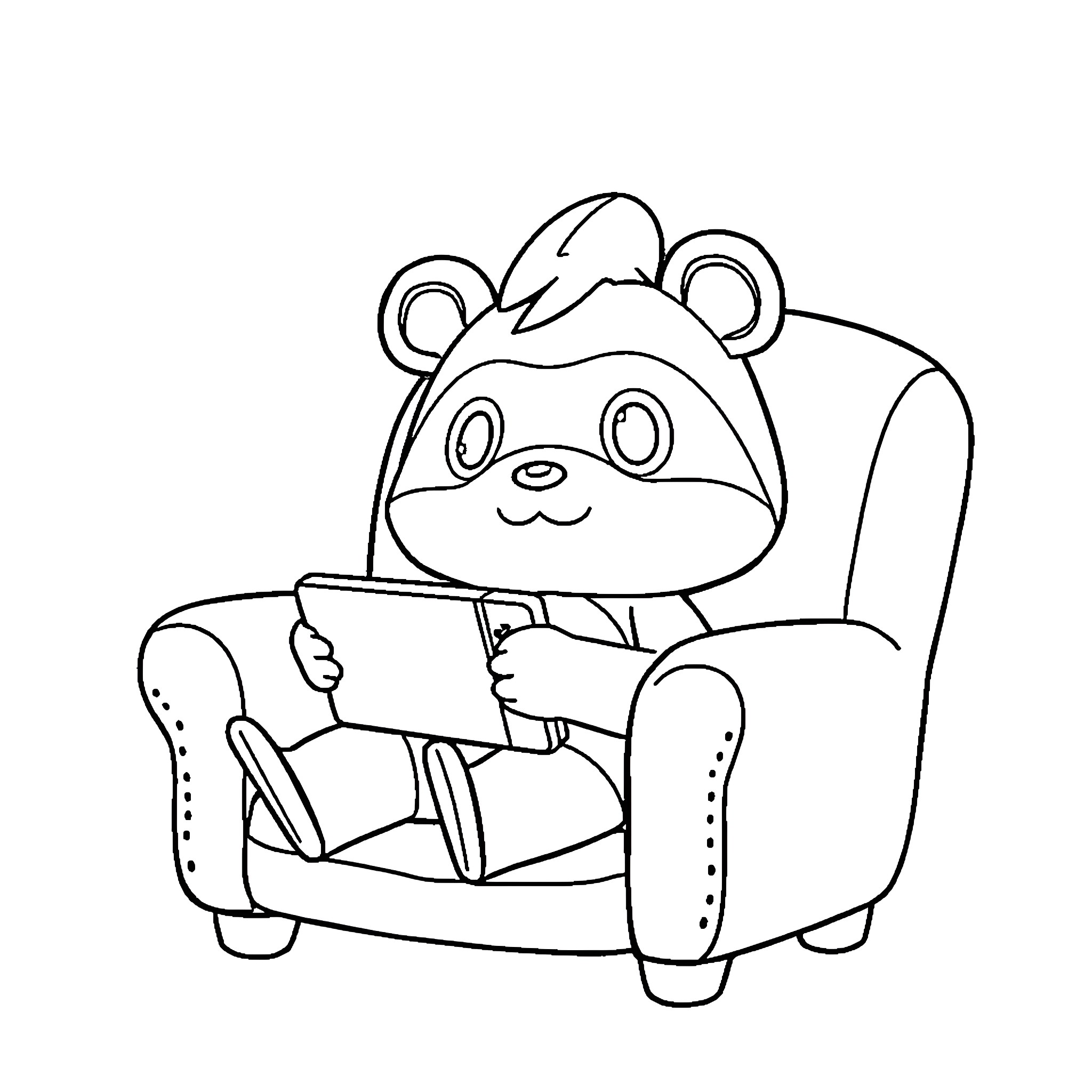 Tom Nook relaxing in armchair while reading Coloring Page (free black-and-white line drawing printable PDF for all, from beginners to advanced learners, including children, teens, adults, and seniors)