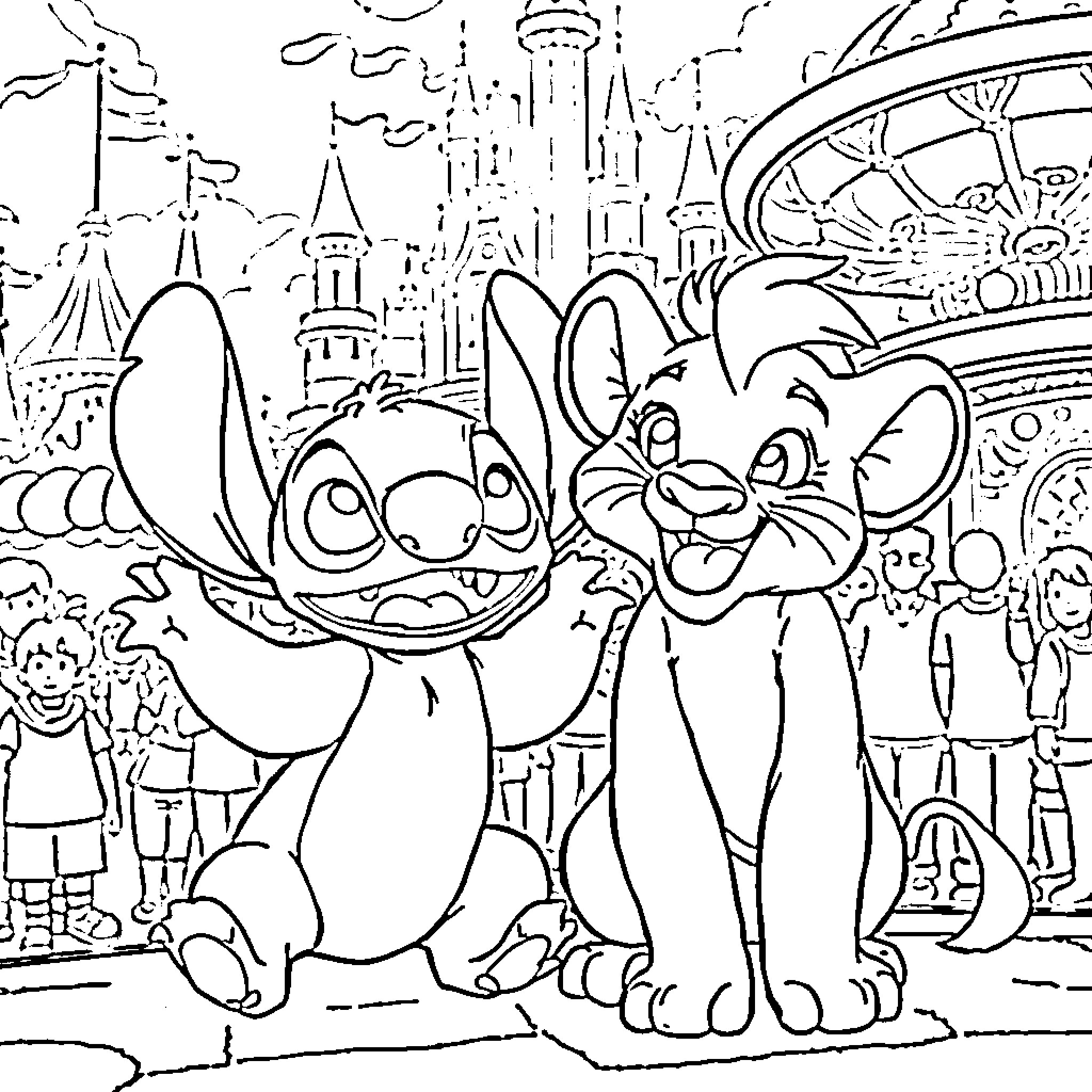 Stitch and Simba at the Magic Kingdom Coloring Page (free black-and-white line drawing printable PDF for all, from beginners to advanced learners, including children, teens, adults, and seniors)