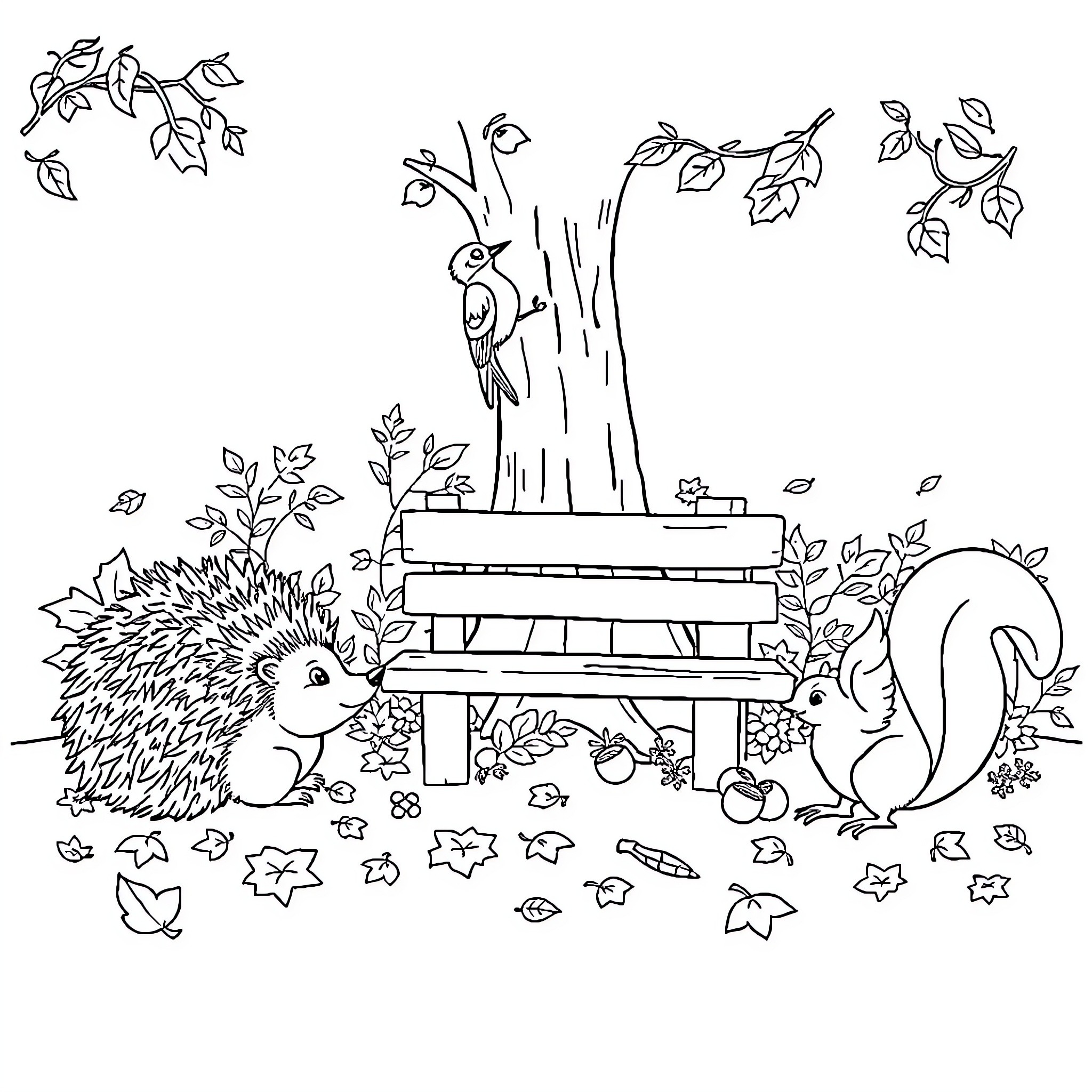 Autumn Animal Friends in the Park Coloring Page (free black-and-white line drawing printable PDF for all, from beginners to advanced learners, including children, teens, adults, and seniors)