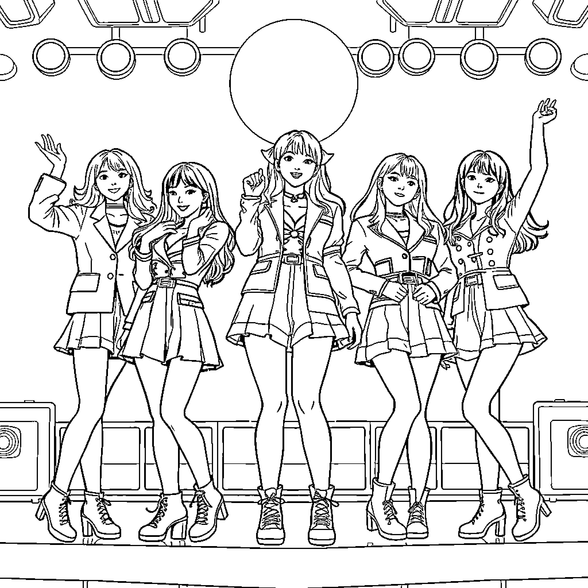 Girl K-Pop Group Performing on Stage with Energetic Poses Coloring Page (free black-and-white line drawing printable PDF for all, from beginners to advanced learners, including children, teens, adults, and seniors)
