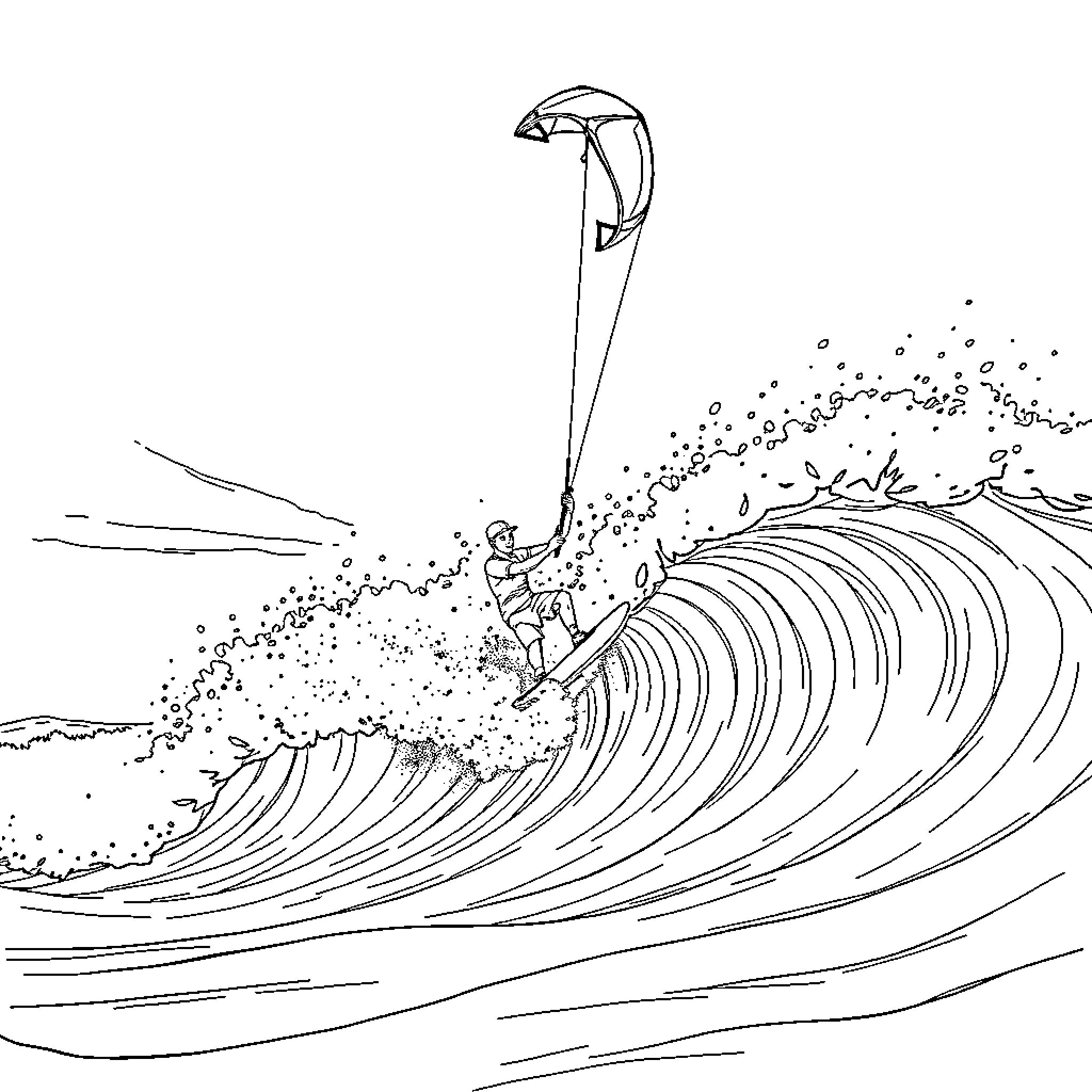 Kitesurfer riding a wave with energy and excitement Coloring Page (free black-and-white line drawing printable PDF for all, from beginners to advanced learners, including children, teens, adults, and seniors)