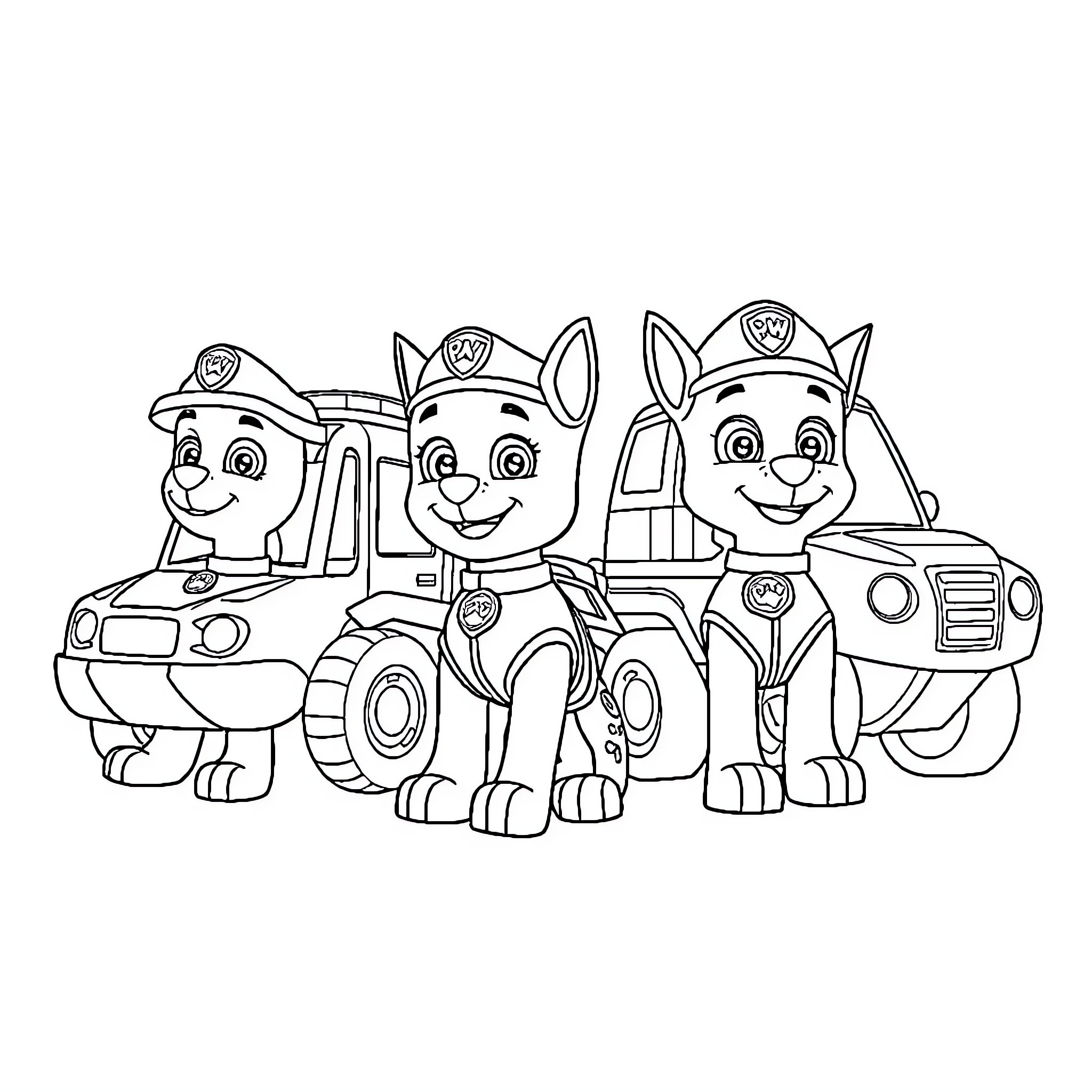 Pat Patrouille Pups in Action and Adventure Coloring Page (free black-and-white line drawing printable PDF for all, from beginners to advanced learners, including children, teens, adults, and seniors)