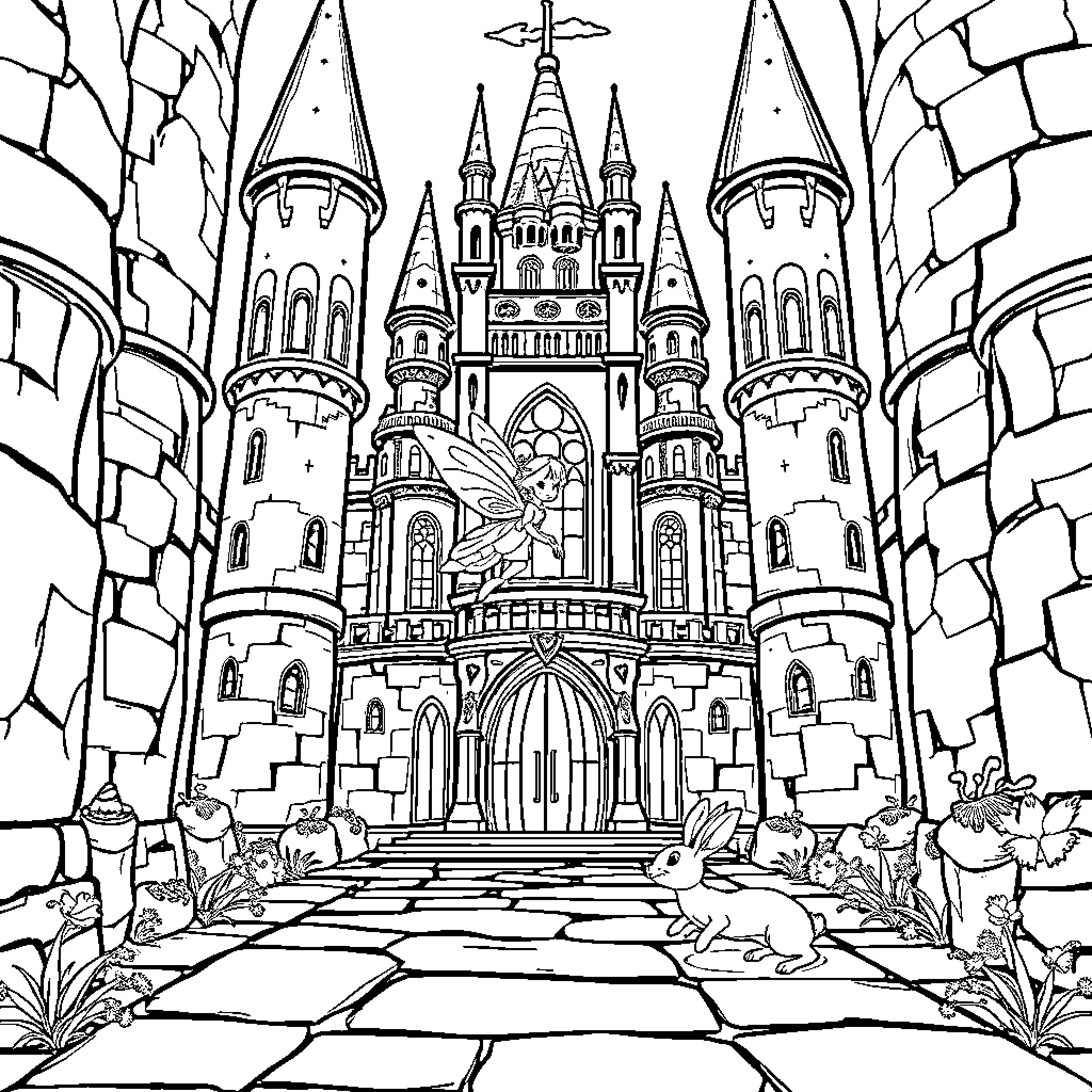 Castle of enchantment and whimsy Coloring Page (free black-and-white line drawing printable PDF for all, from beginners to advanced learners, including children, teens, adults, and seniors)