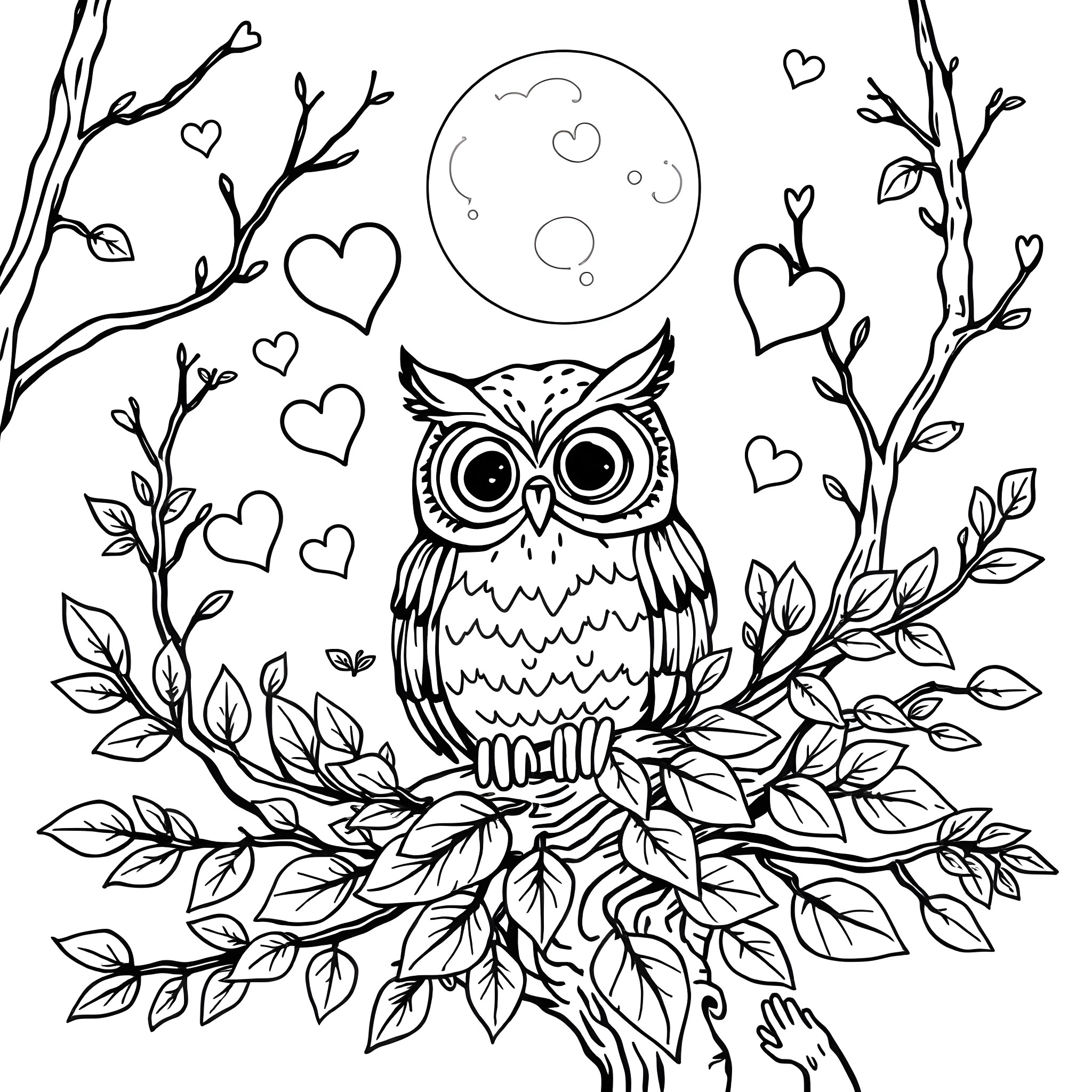 Owl sitting among heart-shaped leaves and branches under the moon Coloring Page (free black-and-white line drawing printable PDF for all, from beginners to advanced learners, including children, teens, adults, and seniors)