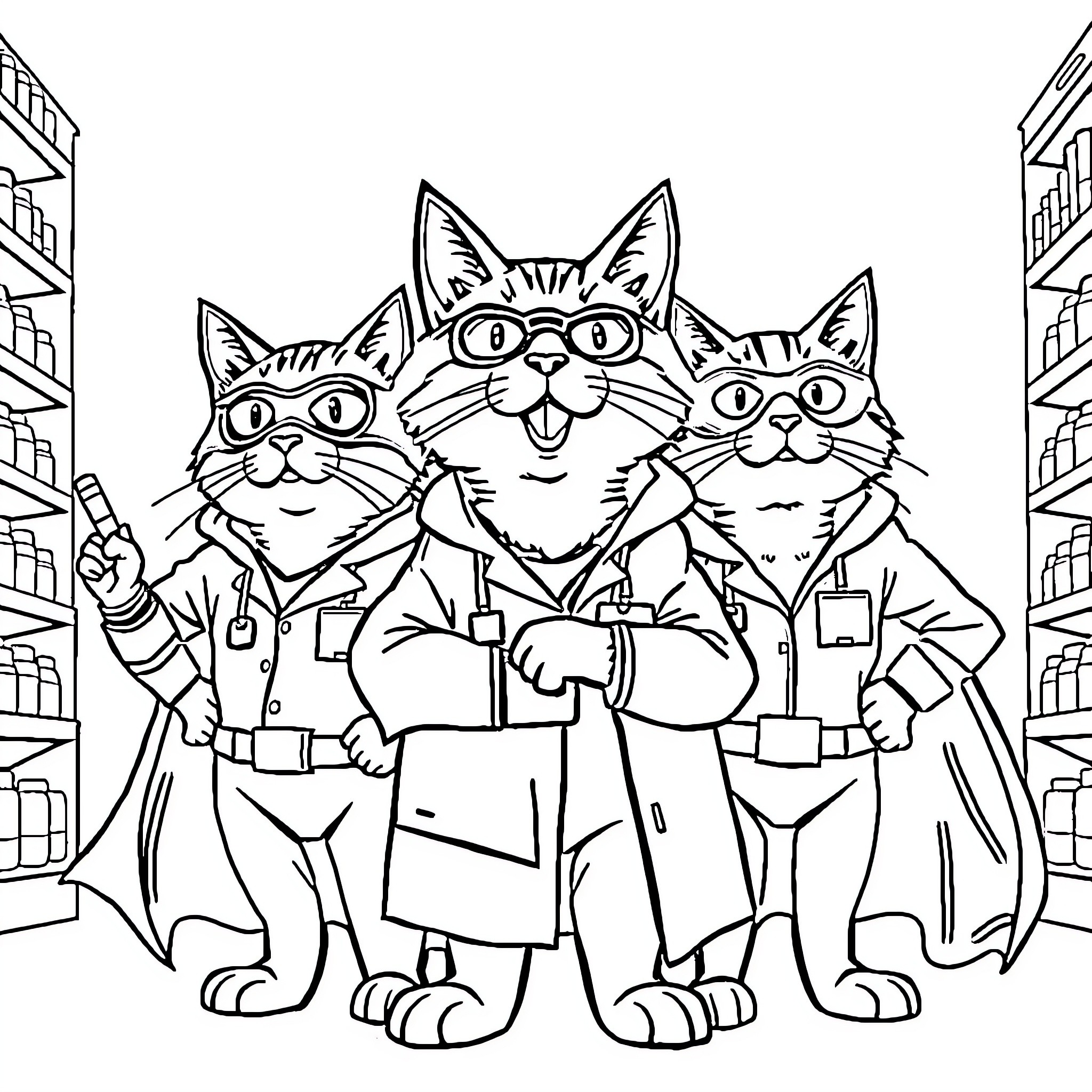 Cat detectives solving a mystery Coloring Page (free black-and-white line drawing printable PDF for all, from beginners to advanced learners, including children, teens, adults, and seniors)