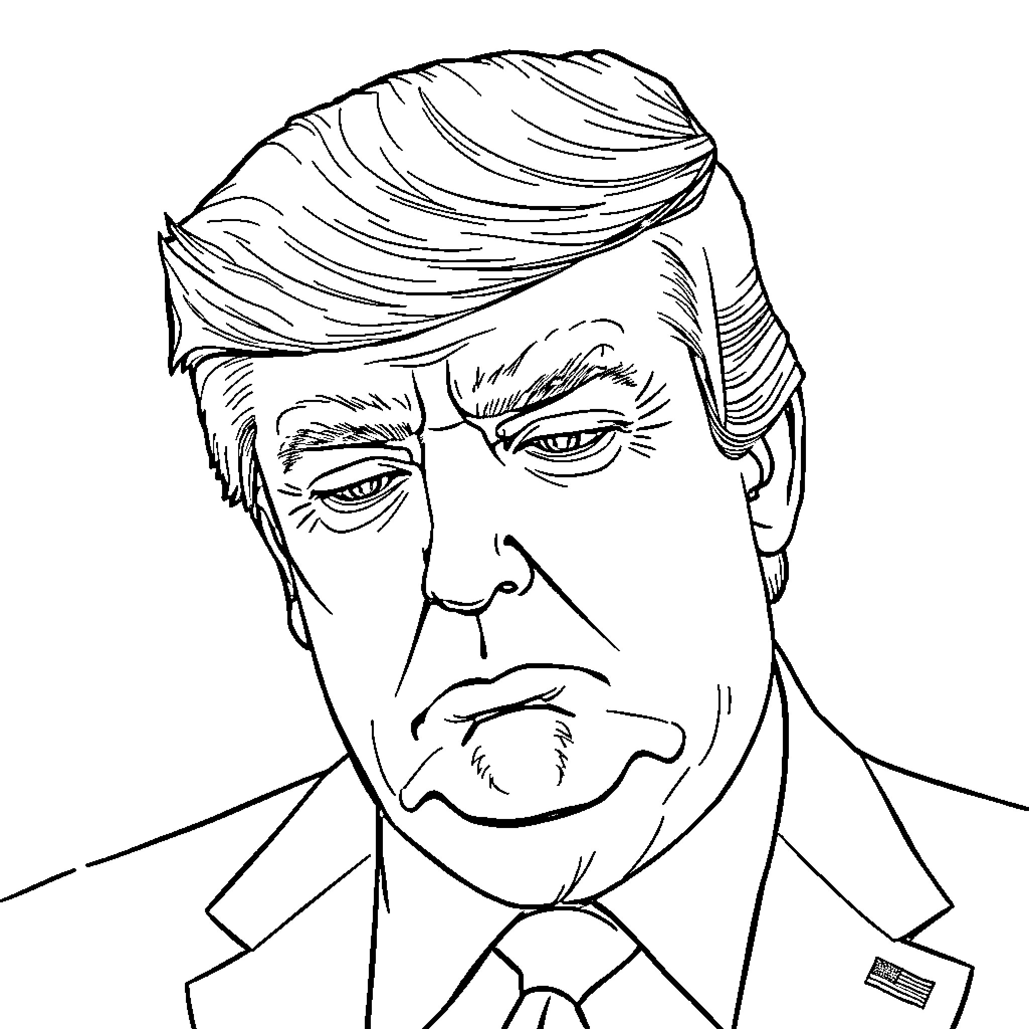 Donald Trump's Stern Expression and Hairstyle Coloring Page (free black-and-white line drawing printable PDF for all, from beginners to advanced learners, including children, teens, adults, and seniors)
