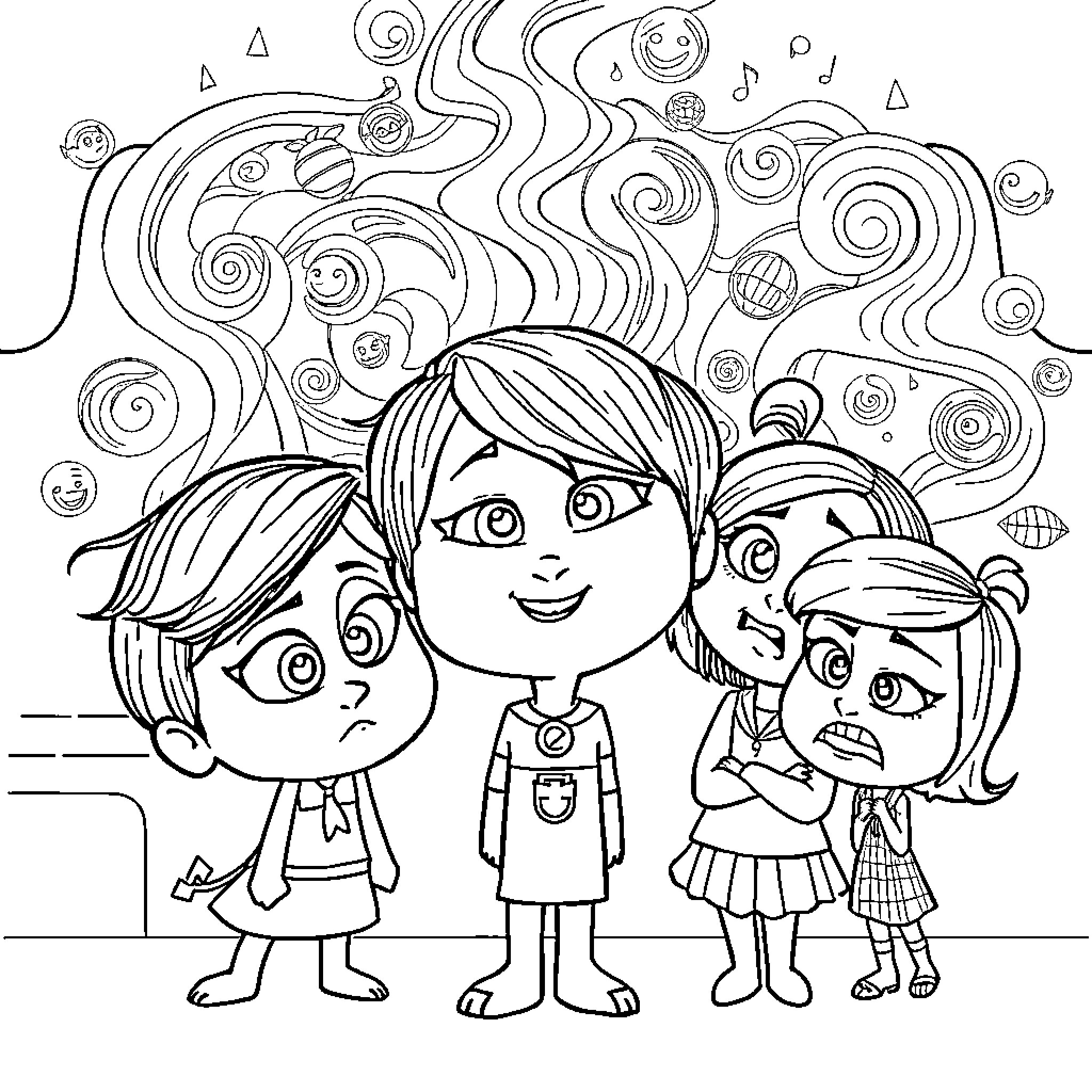 Riley's Imaginative Adventure with Friends Coloring Page (free black-and-white line drawing printable PDF for all, from beginners to advanced learners, including children, teens, adults, and seniors)