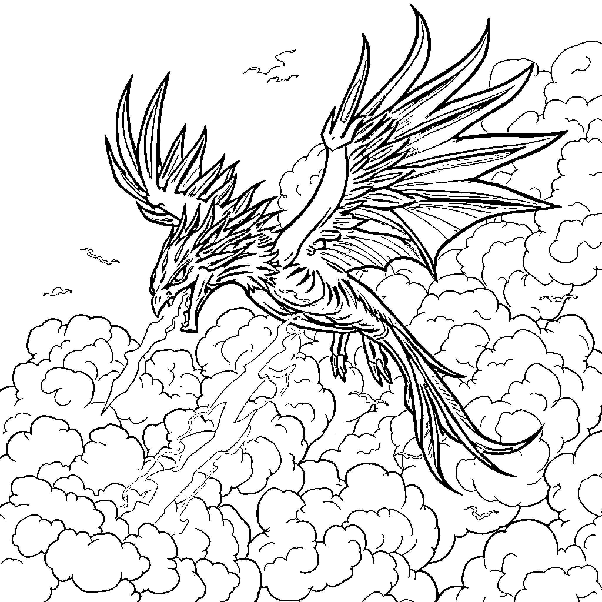 Dragon soaring through the cloudy skies Coloring Page (free black-and-white line drawing printable PDF for all, from beginners to advanced learners, including children, teens, adults, and seniors)