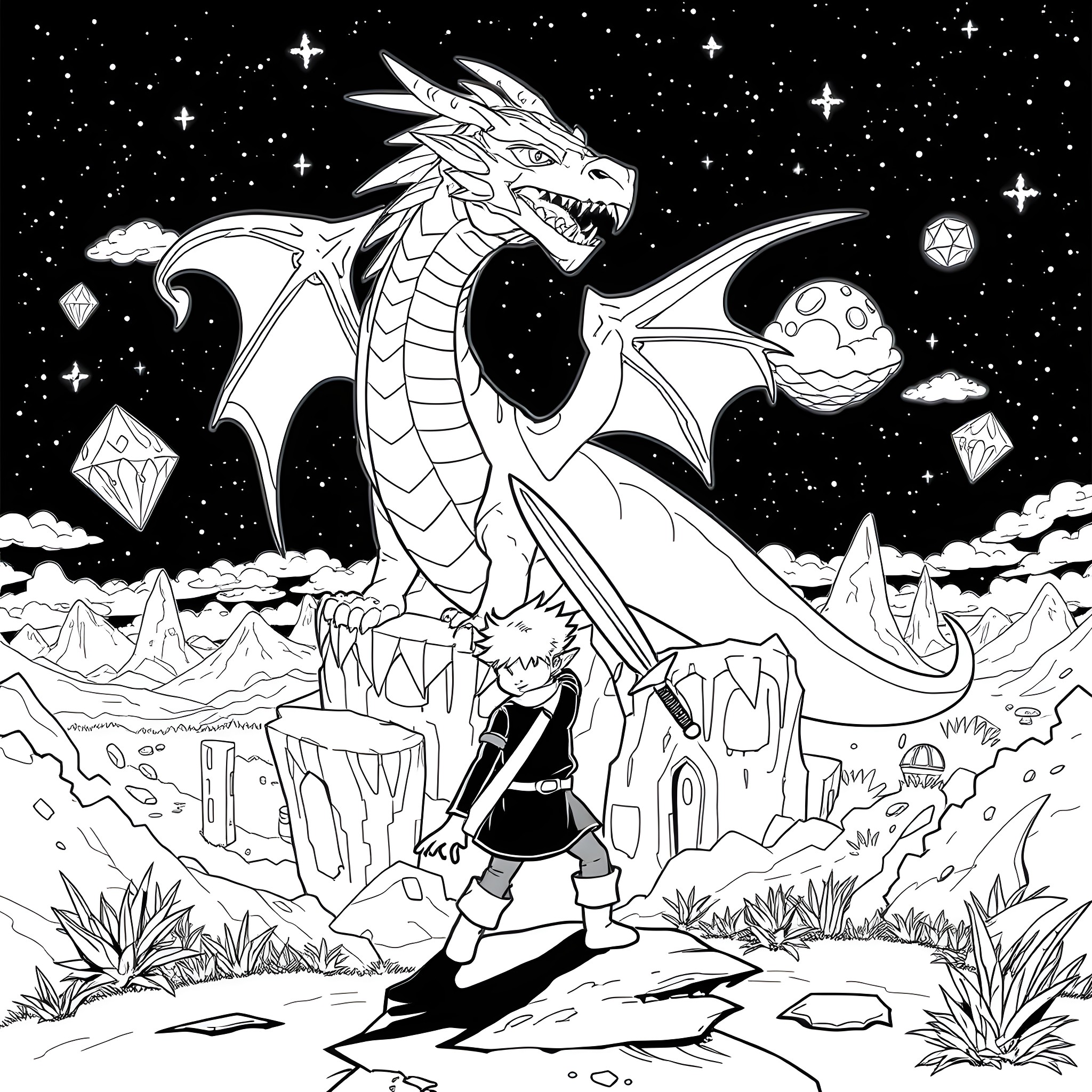 Steve's Fantastical Dragon Adventure Coloring Page (free black-and-white line drawing printable PDF for all, from beginners to advanced learners, including children, teens, adults, and seniors)
