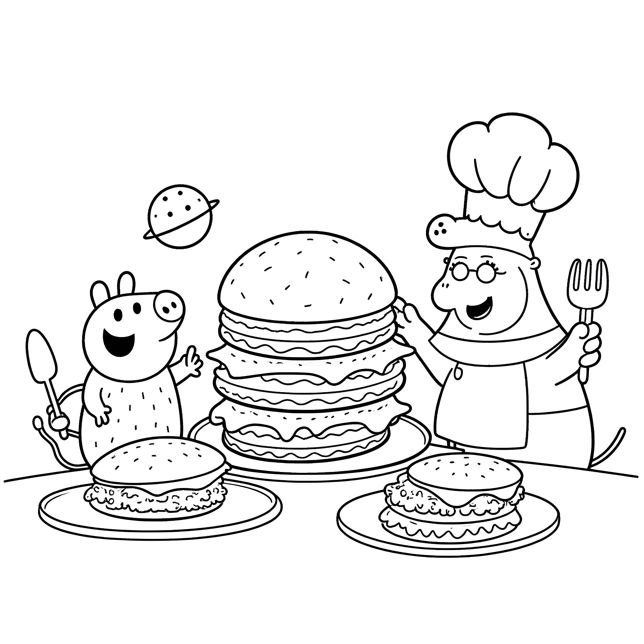 Roblox Characters Cooking Burgers and Fries Coloring Page (free black-and-white line drawing printable PDF for all, from beginners to advanced learners, including children, teens, adults, and seniors)