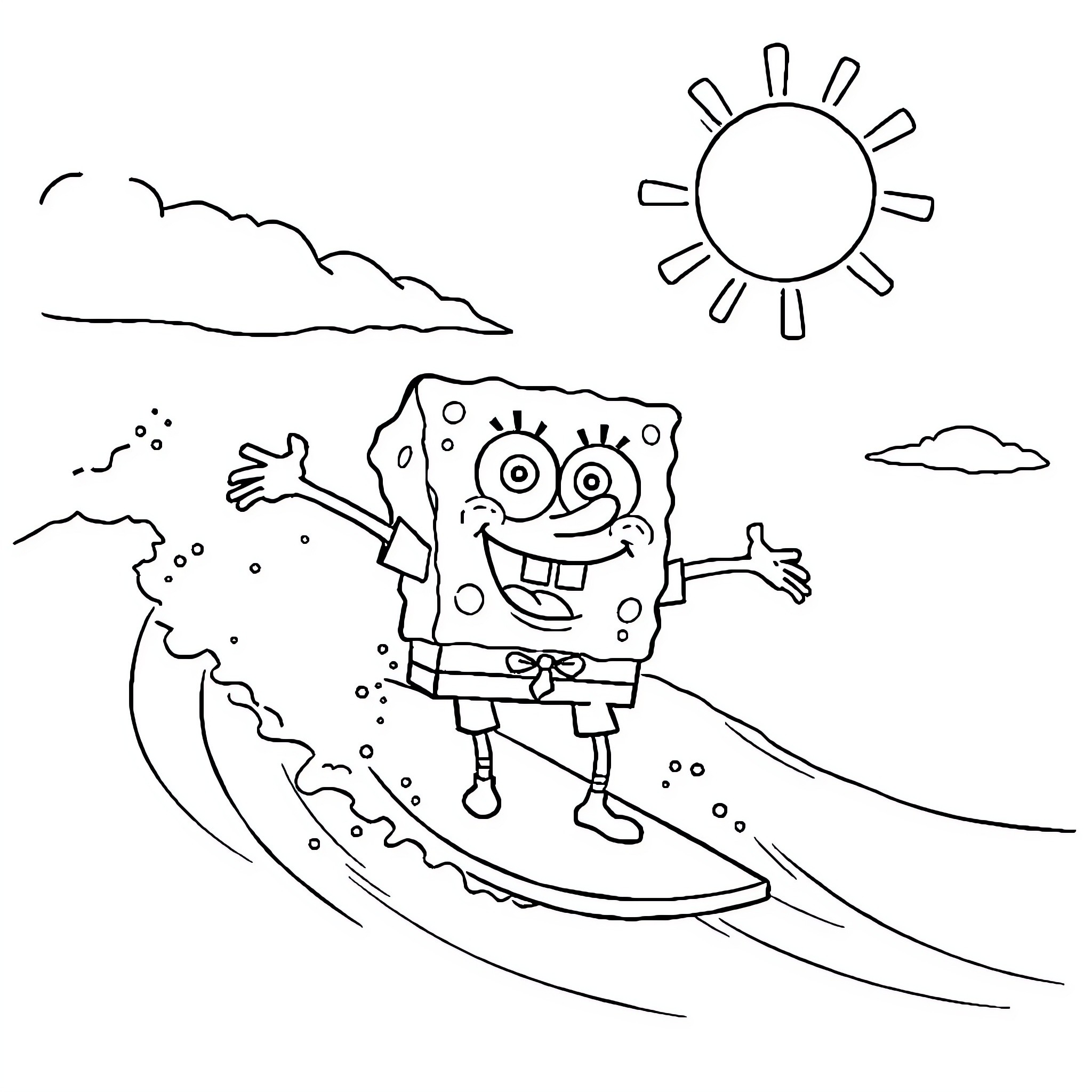 Spongebob surfing happily on the waves Coloring Page (free black-and-white line drawing printable PDF for all, from beginners to advanced learners, including children, teens, adults, and seniors)