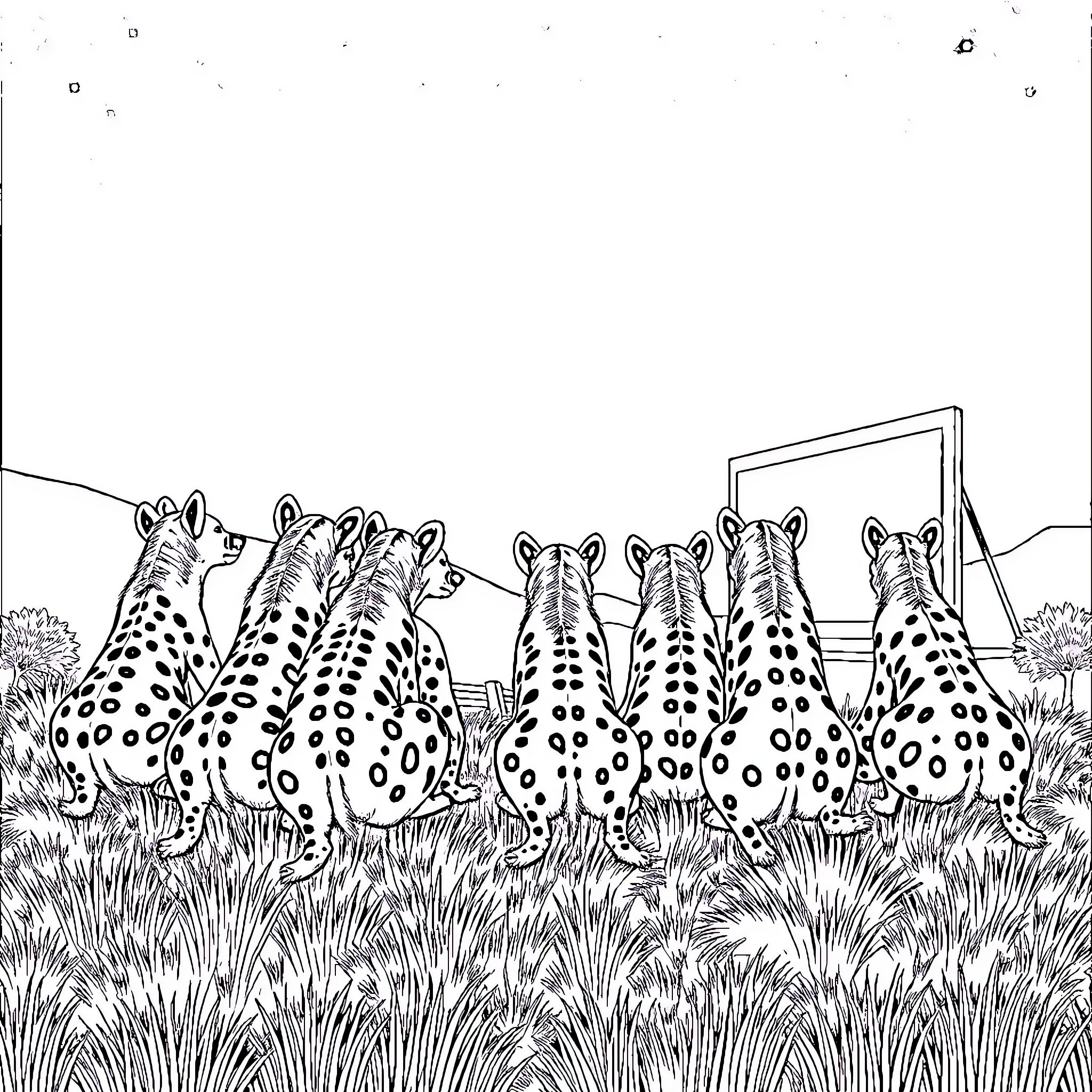 Hyena pack observing their territory in the savanna Coloring Page (free black-and-white line drawing printable PDF for all, from beginners to advanced learners, including children, teens, adults, and seniors)