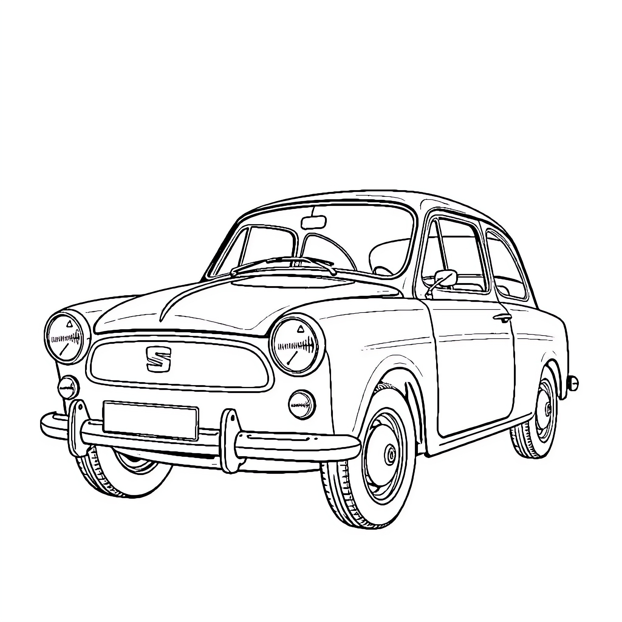 Seat 600 vintage compact car illustration Coloring Page (free black-and-white line drawing printable PDF for all, from beginners to advanced learners, including children, teens, adults, and seniors)