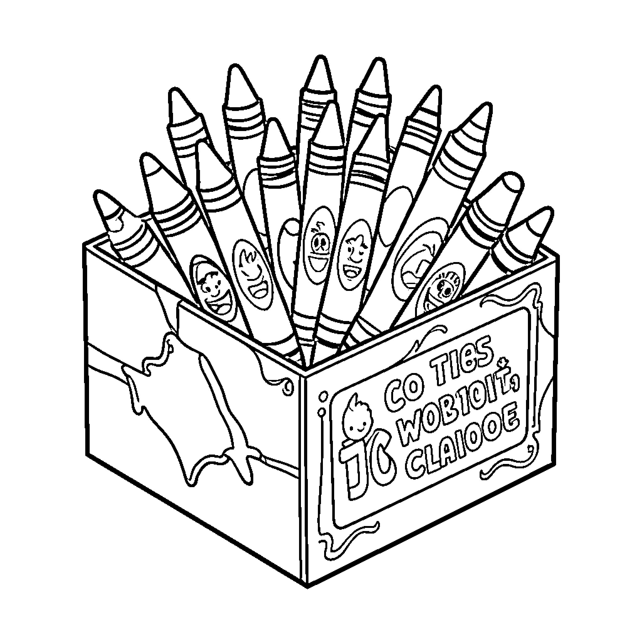 Crayon Box Full of Playful Expressions Coloring Page (free black-and-white line drawing printable PDF for all, from beginners to advanced learners, including children, teens, adults, and seniors)