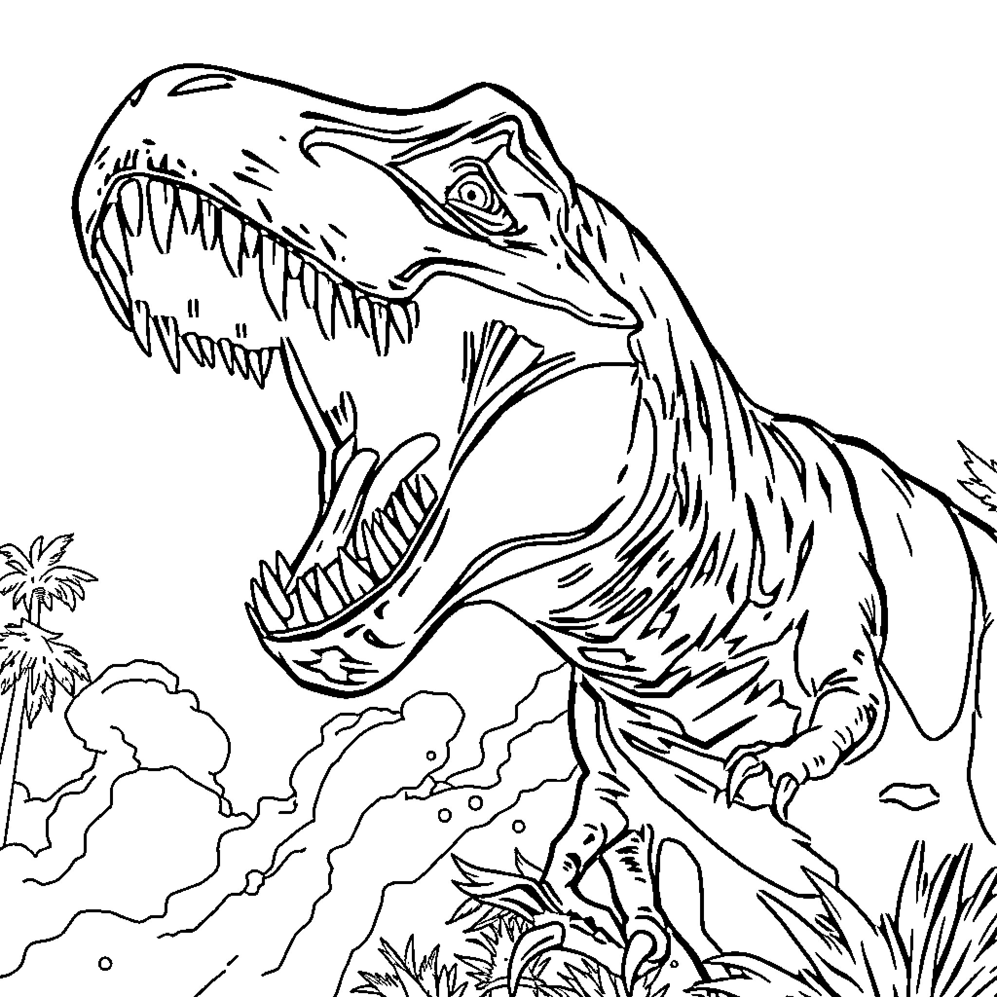 T-Rex Roaring Fiercely in the Jurassic Jungle Coloring Page (free black-and-white line drawing printable PDF for all, from beginners to advanced learners, including children, teens, adults, and seniors)