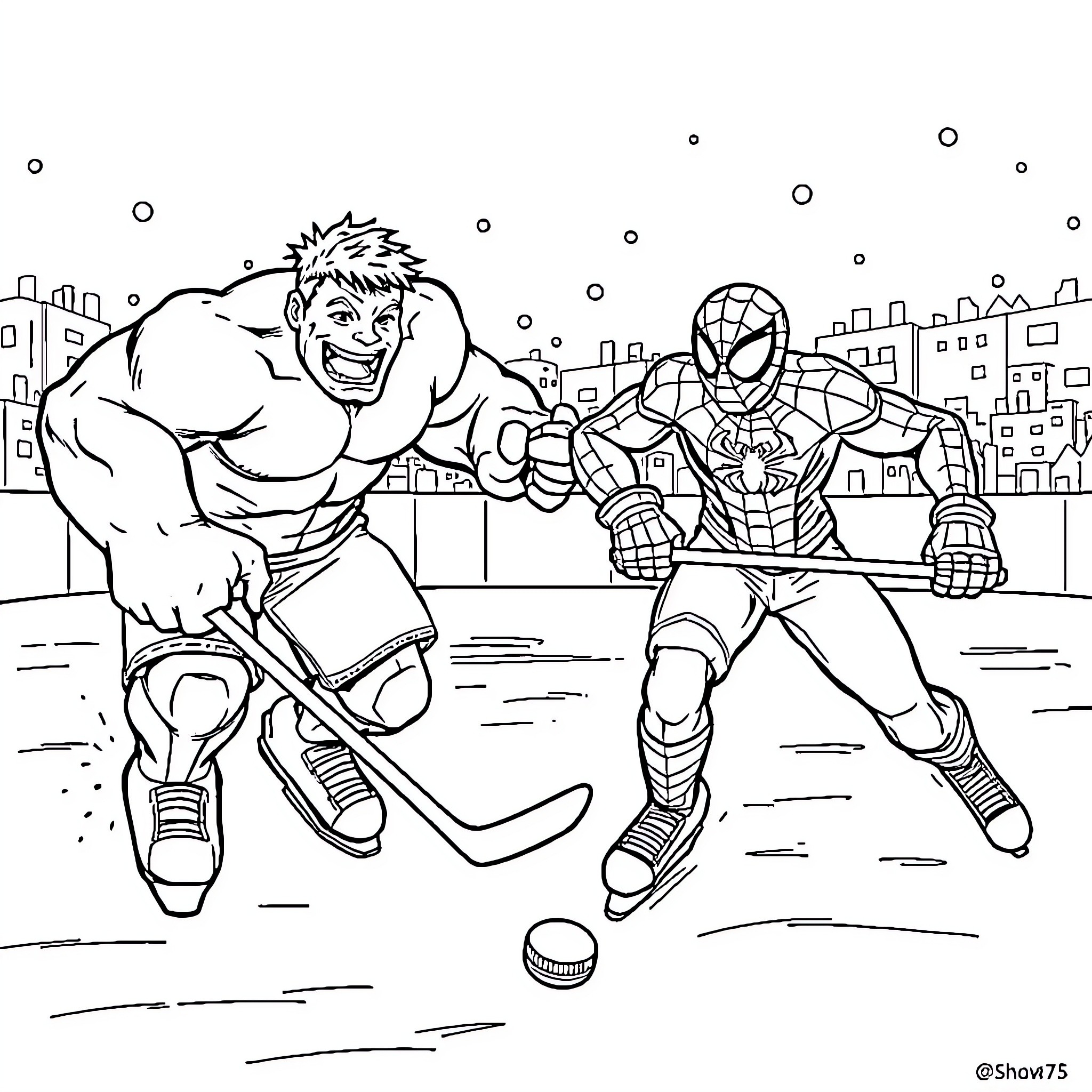 Hulk and Spider-Man playing ice hockey in the city Coloring Page (free black-and-white line drawing printable PDF for all, from beginners to advanced learners, including children, teens, adults, and seniors)