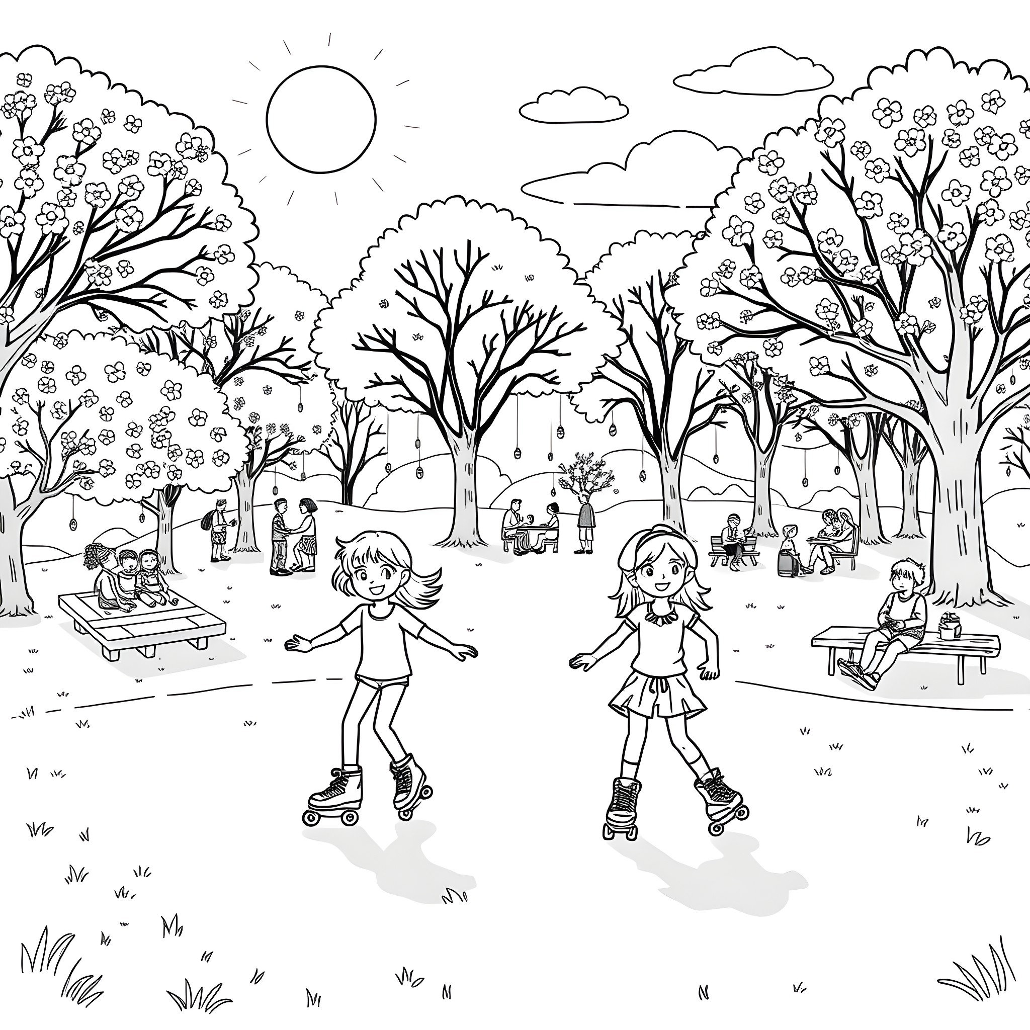 Patins: Children Enjoying Outdoor Roller Skating Fun Coloring Page (free black-and-white line drawing printable PDF for all, from beginners to advanced learners, including children, teens, adults, and seniors)