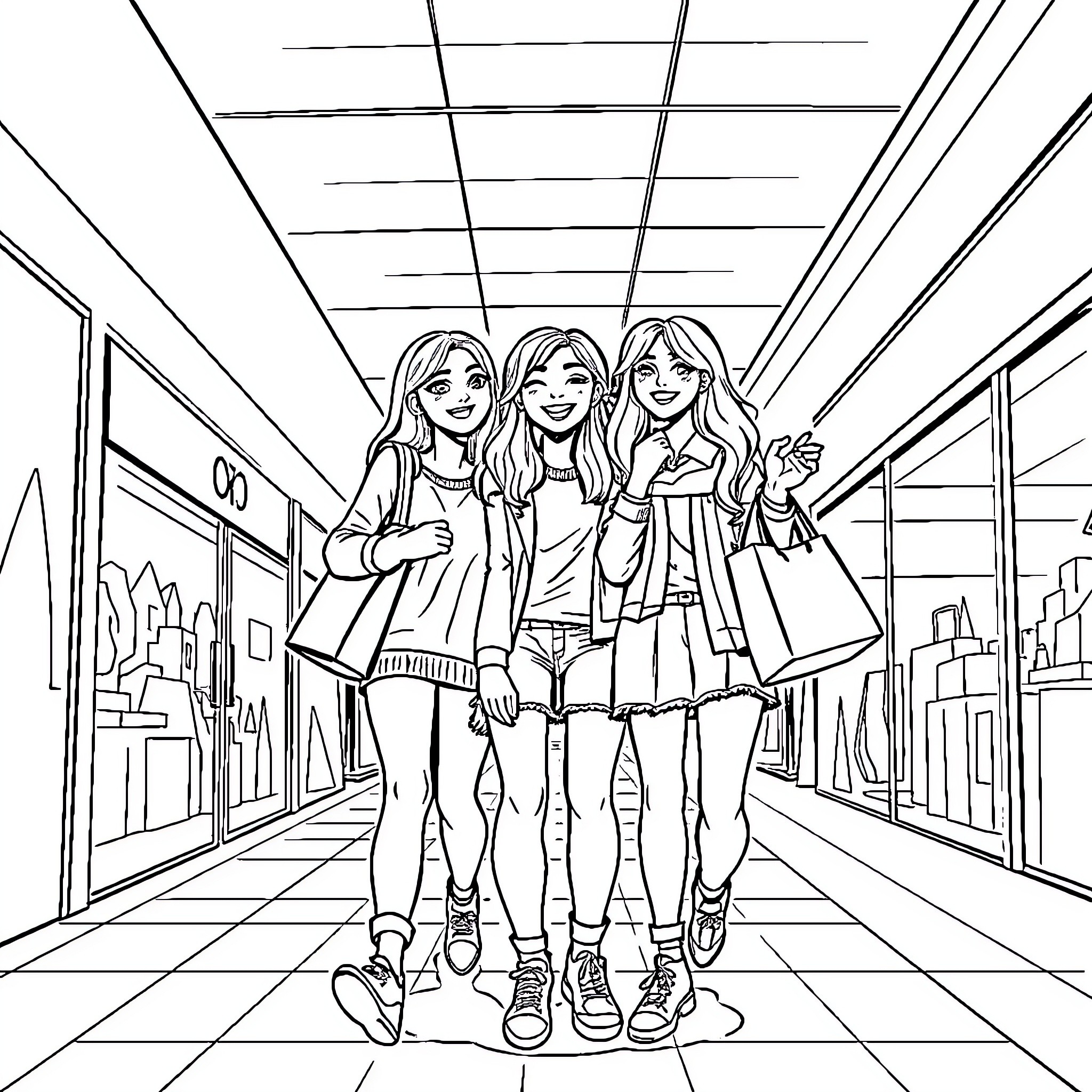 Friend's shopping adventure in the city Coloring Page (free black-and-white line drawing printable PDF for all, from beginners to advanced learners, including children, teens, adults, and seniors)