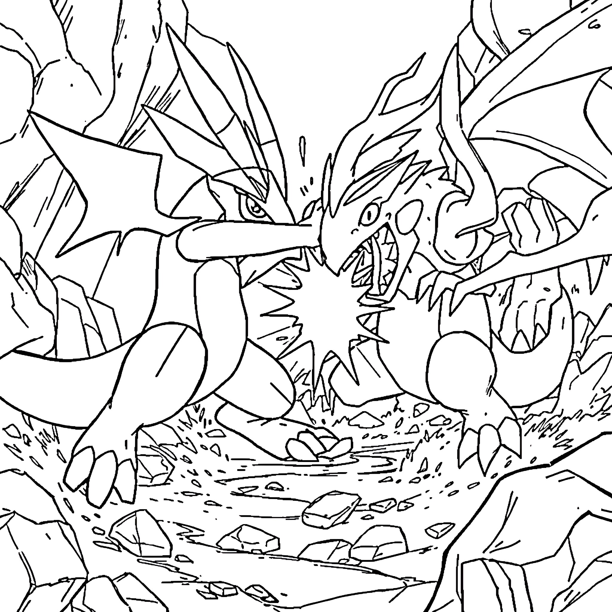 Lucario fighting fiercely in a rocky landscape Coloring Page (free black-and-white line drawing printable PDF for all, from beginners to advanced learners, including children, teens, adults, and seniors)