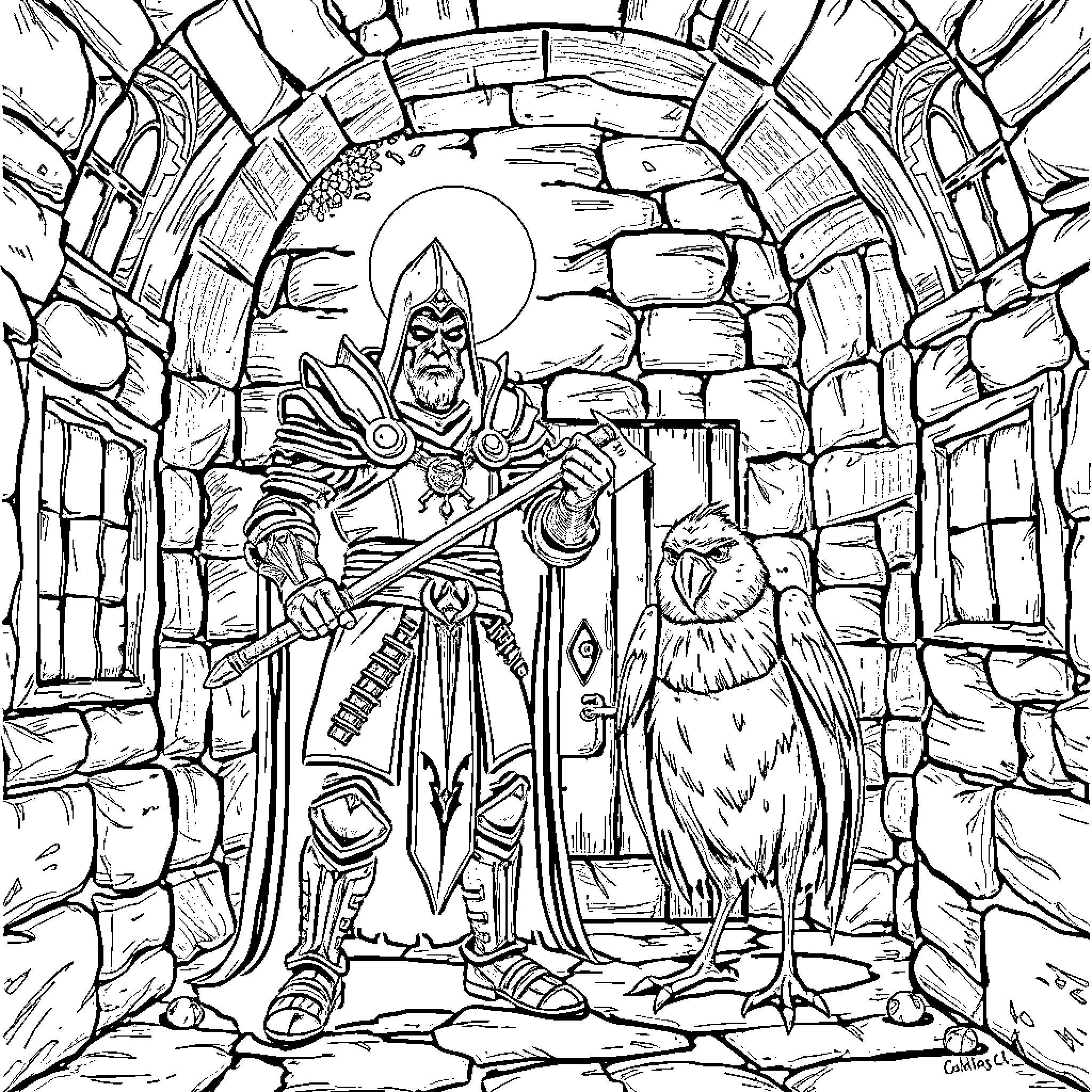 Ritter's Mysterious Encounter in the Shadowy Fortress Coloring Page (free black-and-white line drawing printable PDF for all, from beginners to advanced learners, including children, teens, adults, and seniors)