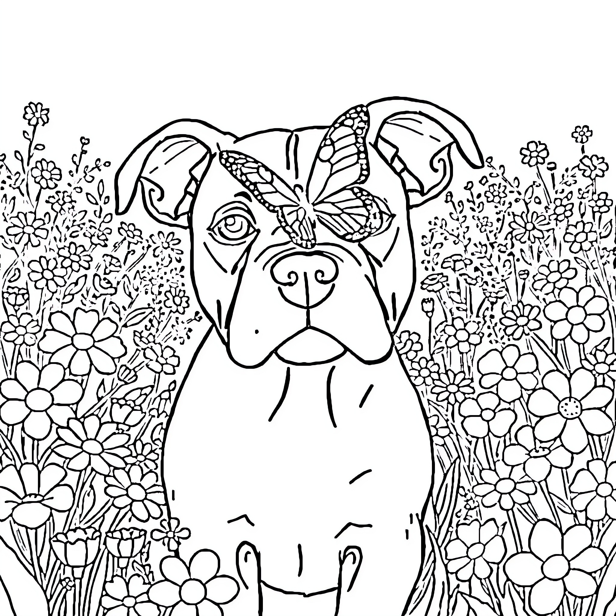 Pit Bull surrounded by whimsical flowers and butterflies Coloring Page (free black-and-white line drawing printable PDF for all, from beginners to advanced learners, including children, teens, adults, and seniors)