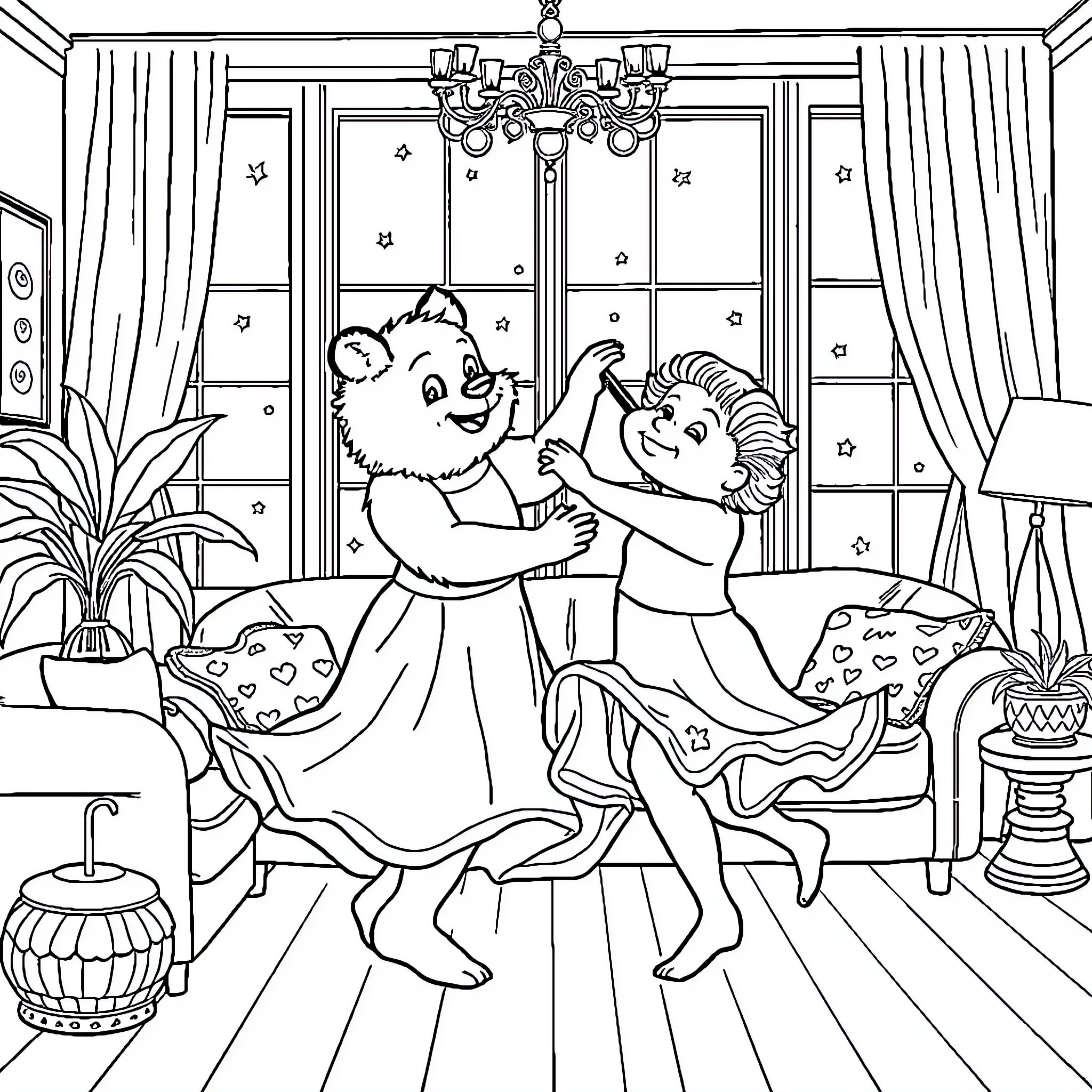Bear couple dancing in formal attire at a fancy party Coloring Page (free black-and-white line drawing printable PDF for all, from beginners to advanced learners, including children, teens, adults, and seniors)