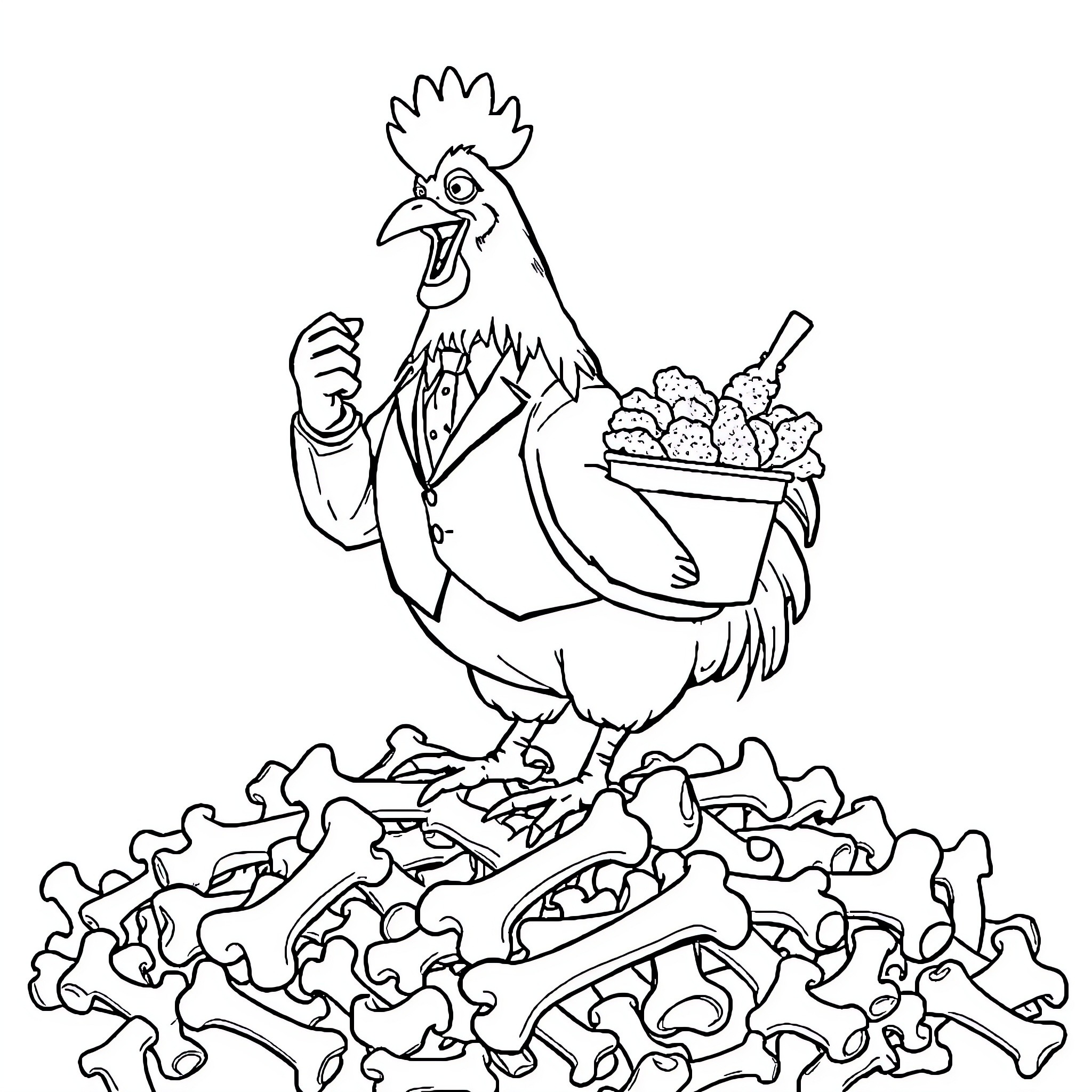 Chicken standing atop a pile of bones Coloring Page (free black-and-white line drawing printable PDF for all, from beginners to advanced learners, including children, teens, adults, and seniors)