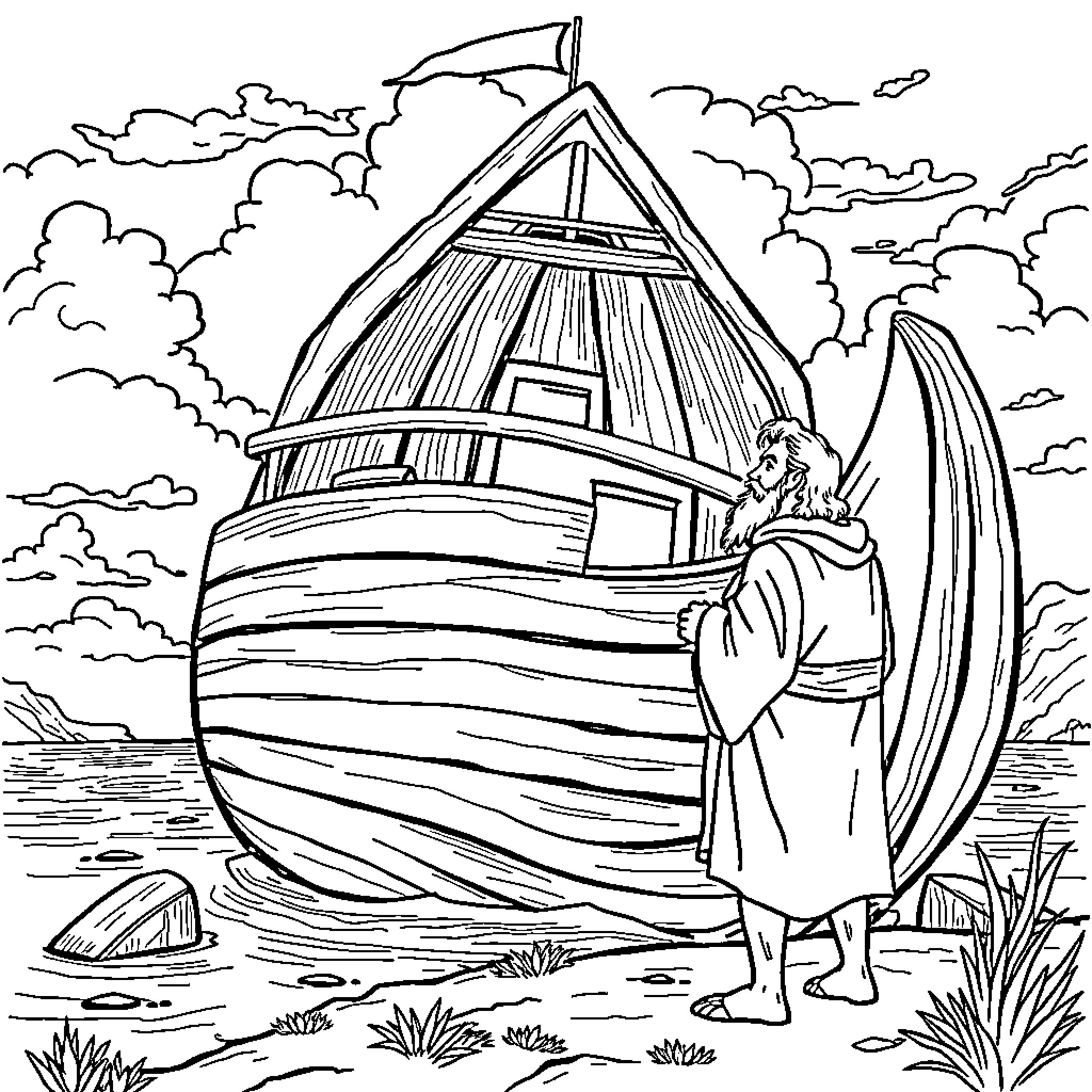 Noah's Ark Voyage through the Stormy Seas Coloring Page (free black-and-white line drawing printable PDF for all, from beginners to advanced learners, including children, teens, adults, and seniors)