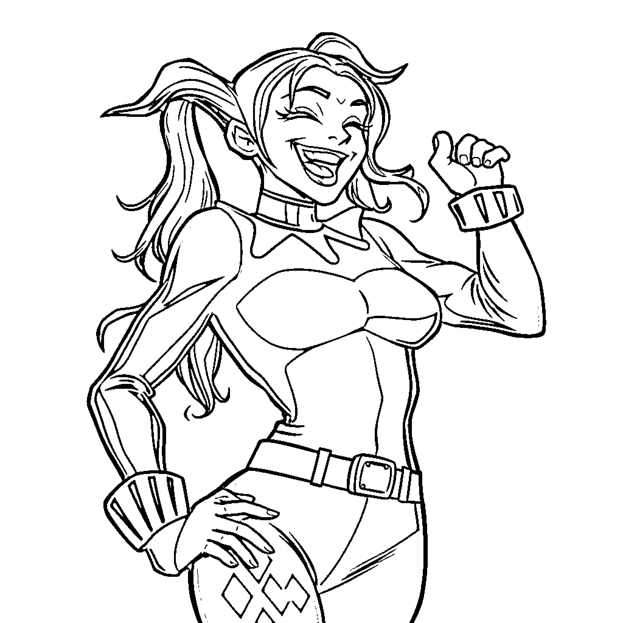 Harley Quinn striking a playful pose Coloring Page (free black-and-white line drawing printable PDF for all, from beginners to advanced learners, including children, teens, adults, and seniors)