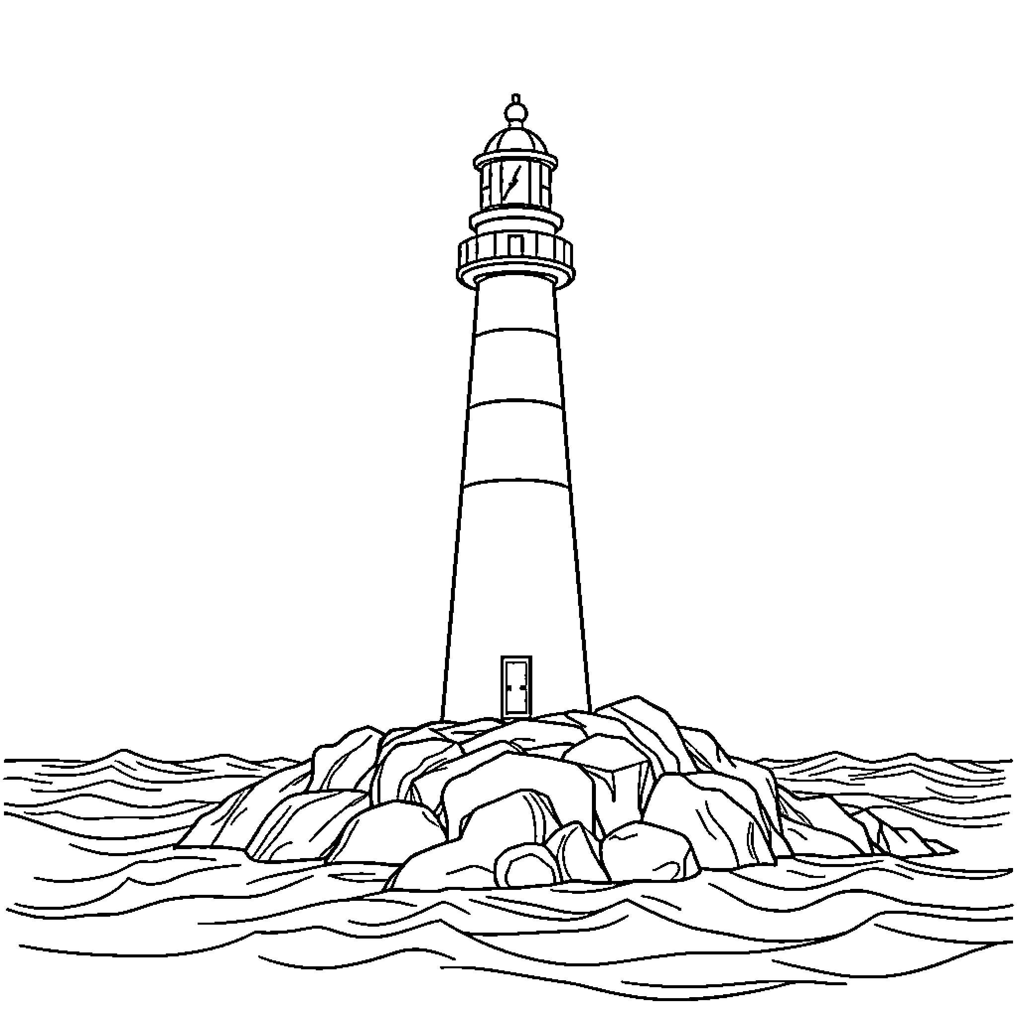 Lighthouse standing tall on rocky island Coloring Page (free black-and-white line drawing printable PDF for all, from beginners to advanced learners, including children, teens, adults, and seniors)
