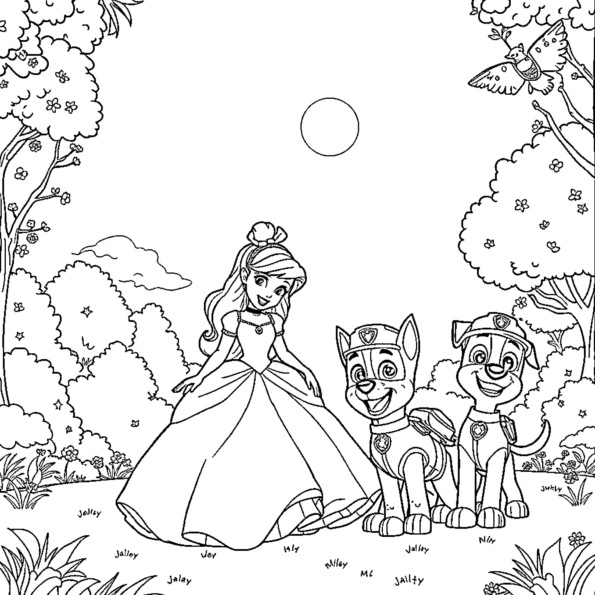 Cinderella's magical adventure with her animal friends Coloring Page (free black-and-white line drawing printable PDF for all, from beginners to advanced learners, including children, teens, adults, and seniors)