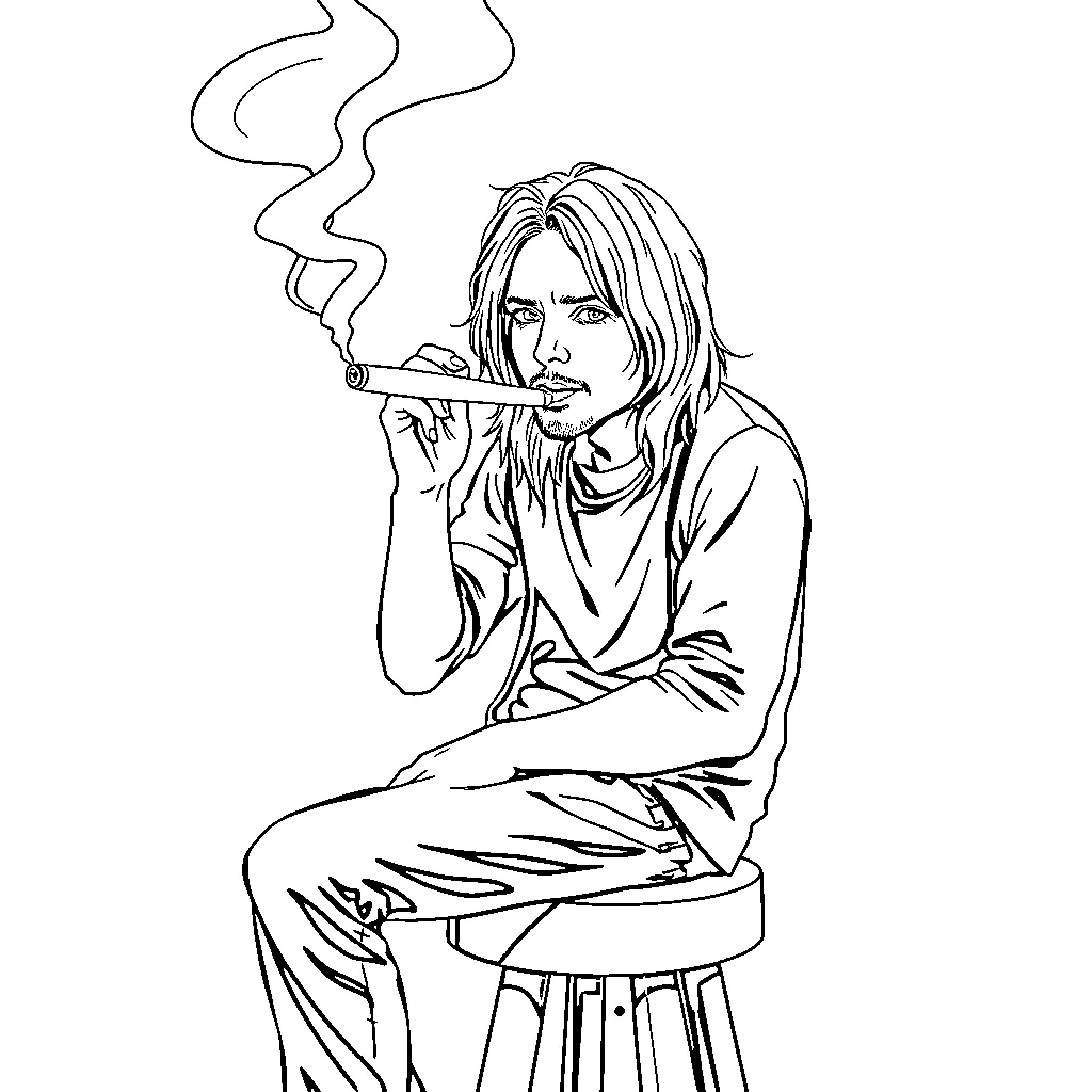 Kurt Cobain smoking and contemplating Coloring Page (free black-and-white line drawing printable PDF for all, from beginners to advanced learners, including children, teens, adults, and seniors)