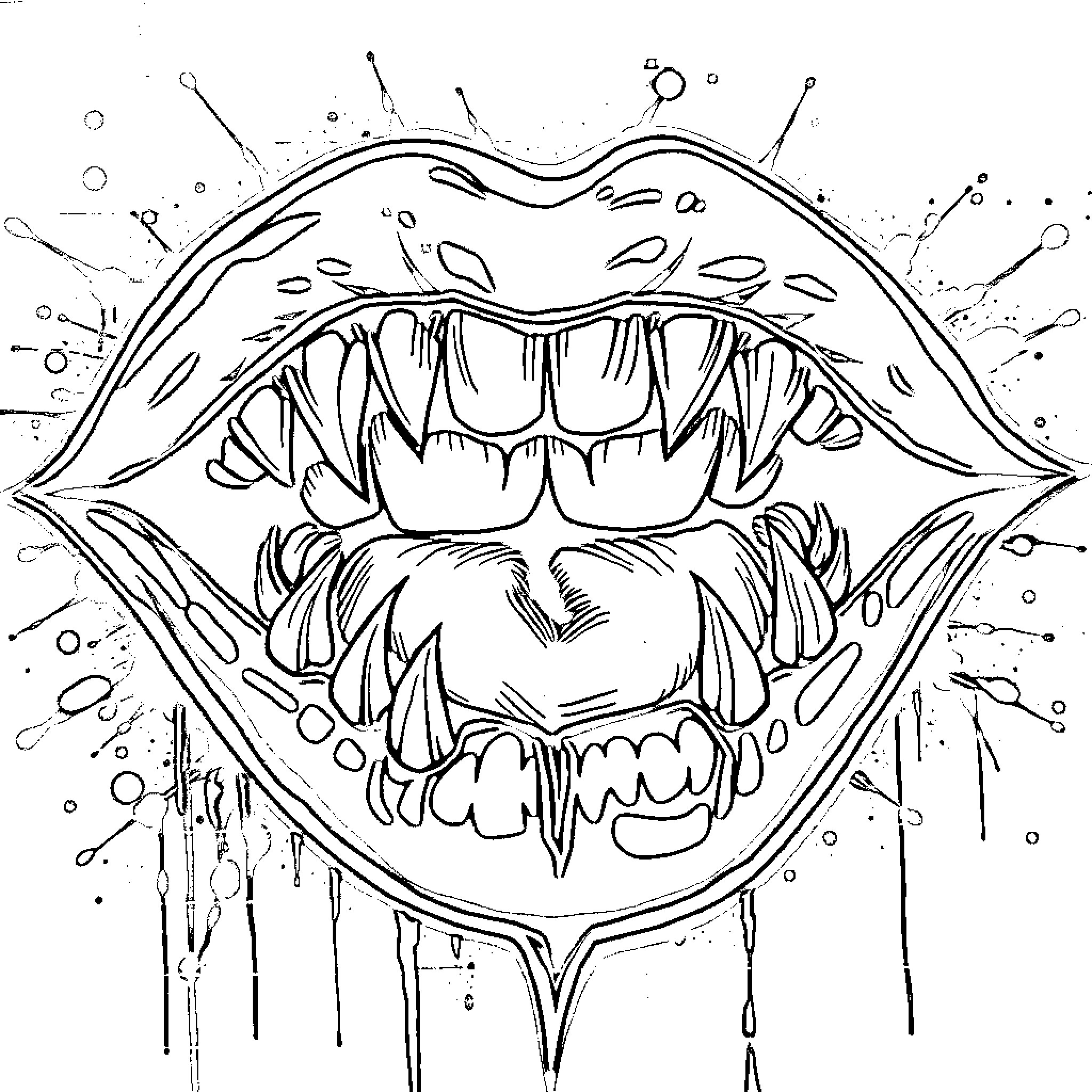 Lip Baring Fanged Mouth with Dripping Liquid Coloring Page (free black-and-white line drawing printable PDF for all, from beginners to advanced learners, including children, teens, adults, and seniors)