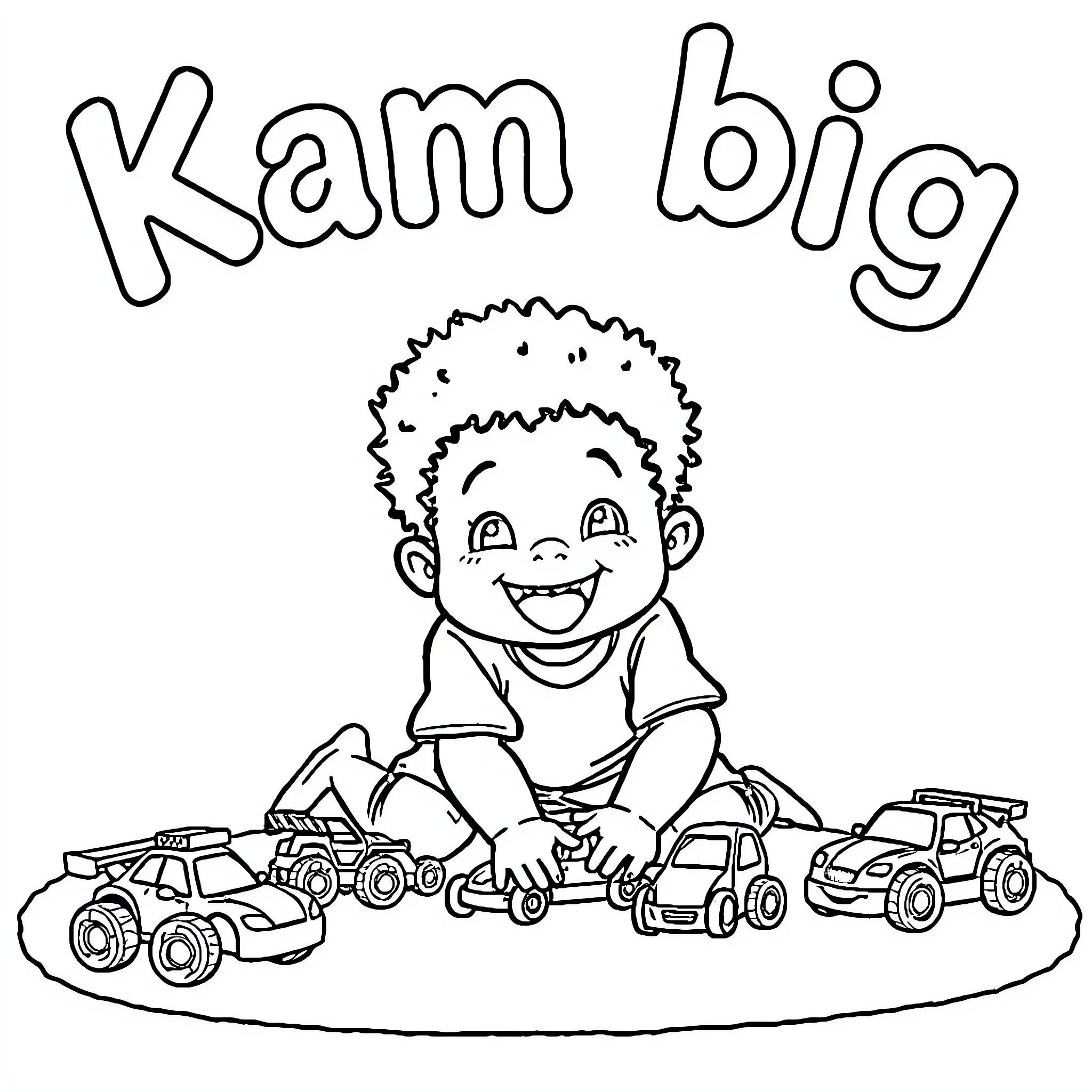 Boy playing happily with toy vehicles Coloring Page (free black-and-white line drawing printable PDF for all, from beginners to advanced learners, including children, teens, adults, and seniors)