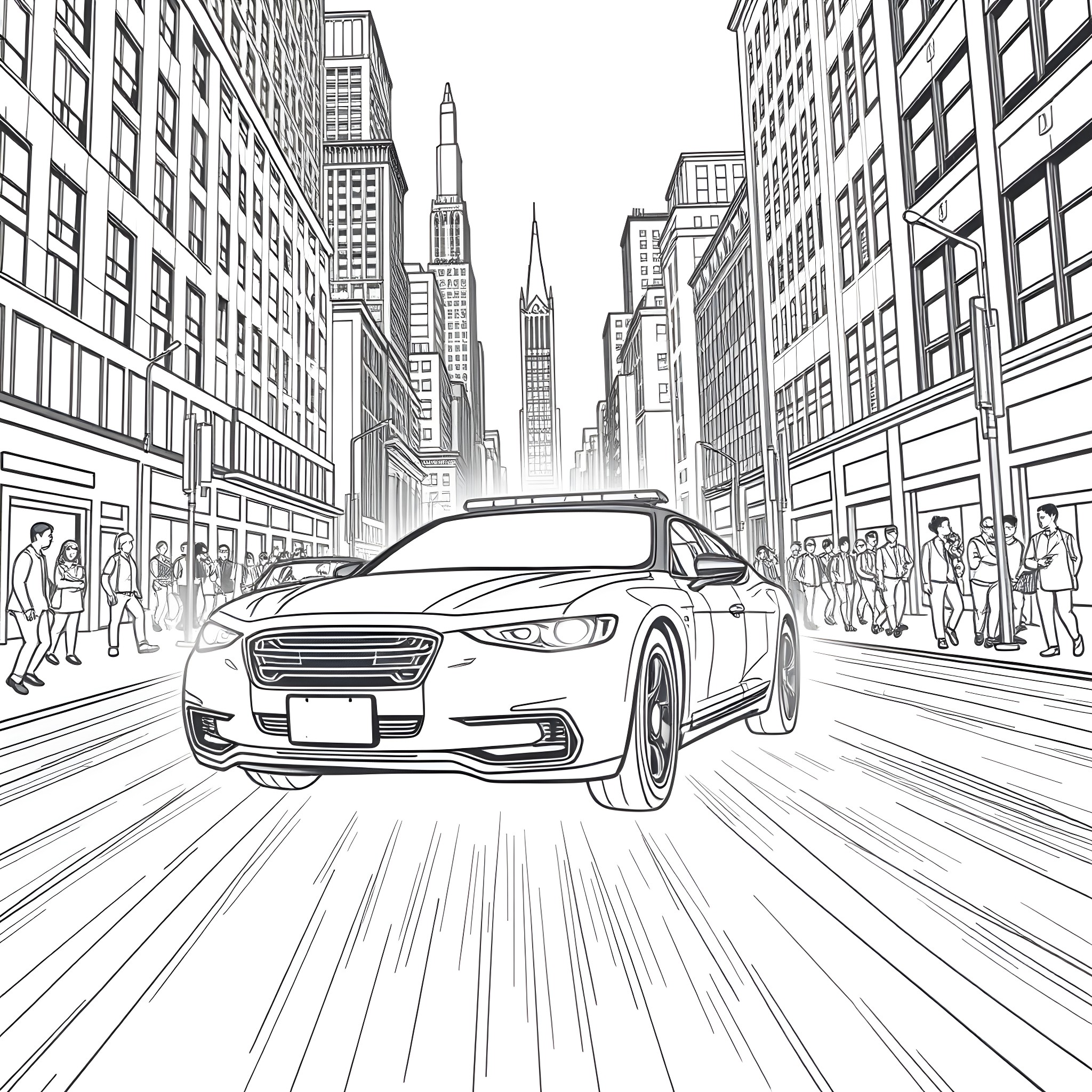Police Car Chasing Through Busy City Streets Coloring Page (free black-and-white line drawing printable PDF for all, from beginners to advanced learners, including children, teens, adults, and seniors)