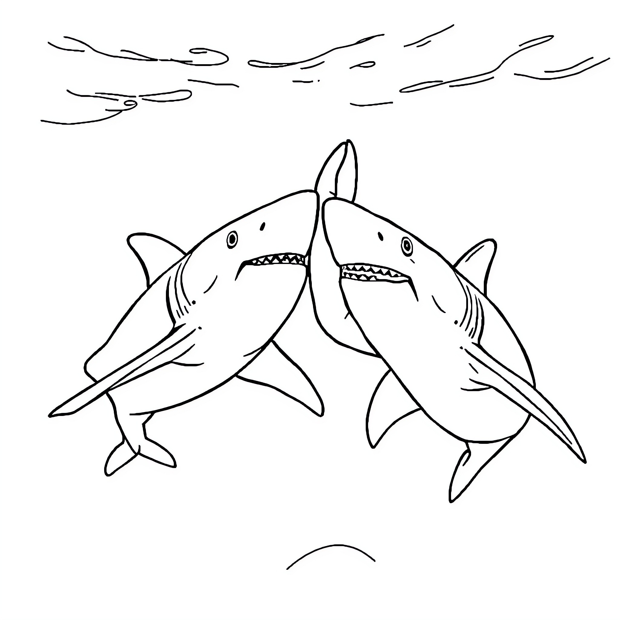 Sharks battling fiercely in the ocean Coloring Page (free black-and-white line drawing printable PDF for all, from beginners to advanced learners, including children, teens, adults, and seniors)