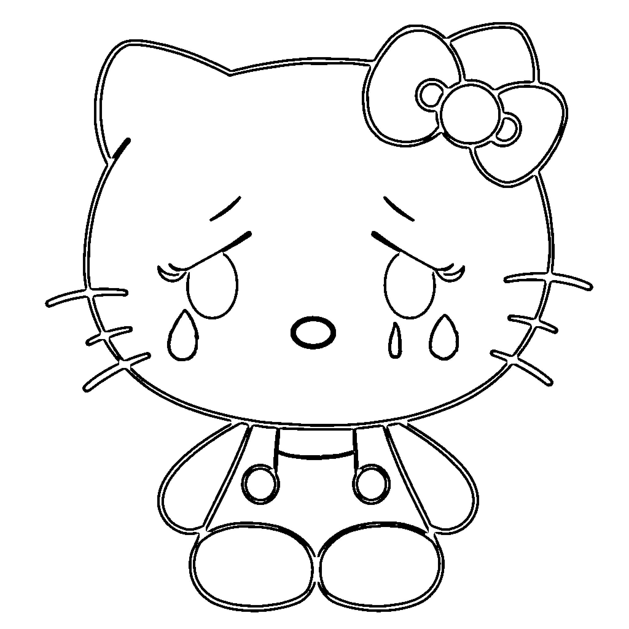 Hello Kitty feeling sad and crying Coloring Page (free black-and-white line drawing printable PDF for all, from beginners to advanced learners, including children, teens, adults, and seniors)