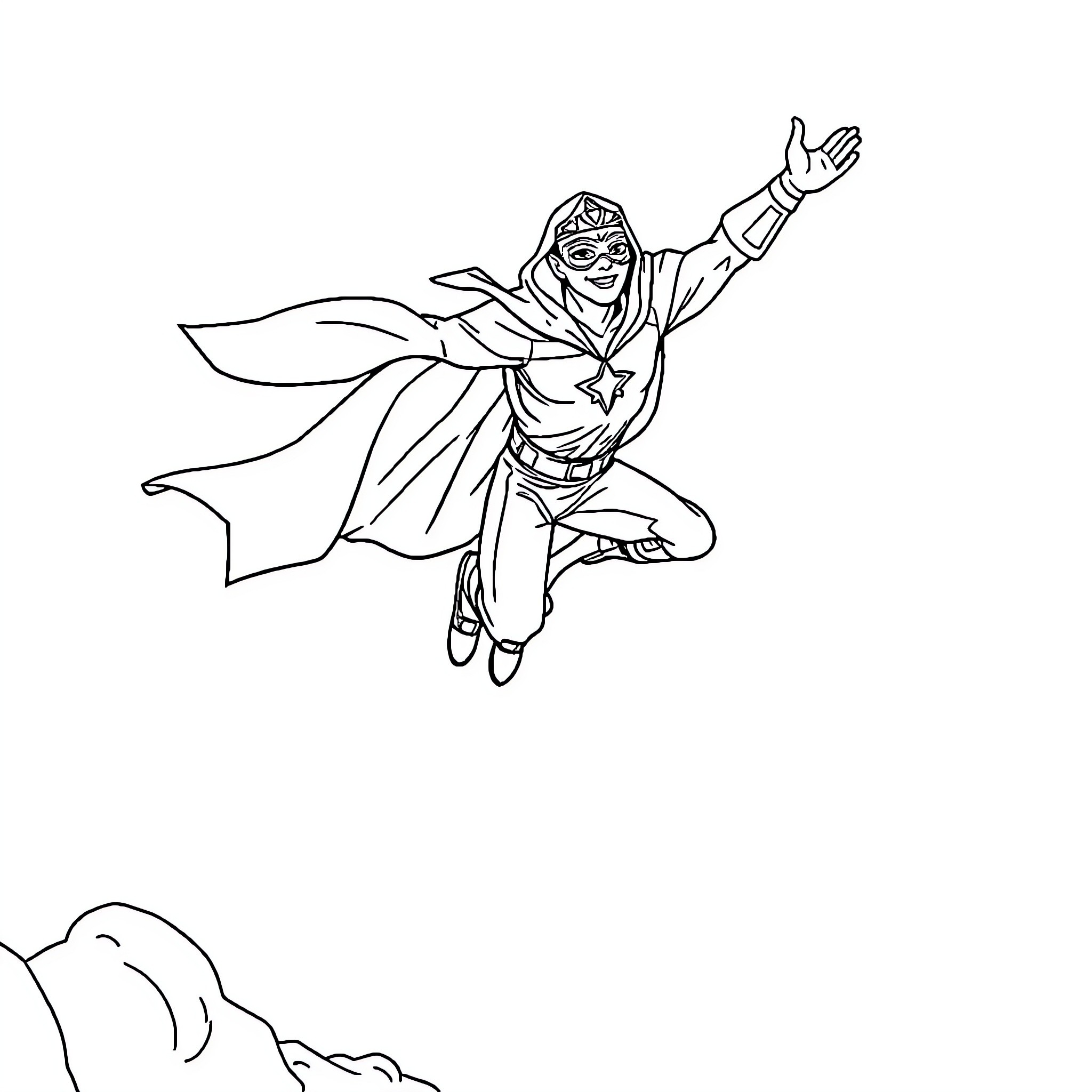 Superman soaring through the sky Coloring Page (free black-and-white line drawing printable PDF for all, from beginners to advanced learners, including children, teens, adults, and seniors)