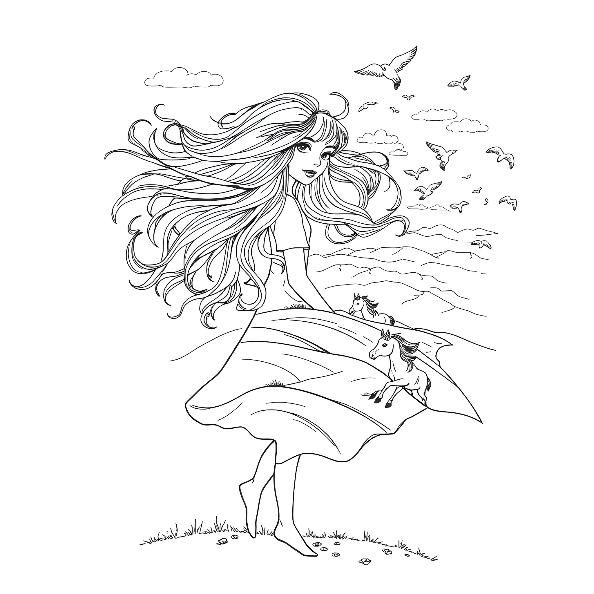 Girl with flowing hair and animals in nature Coloring Page (free black-and-white line drawing printable PDF for all, from beginners to advanced learners, including children, teens, adults, and seniors)
