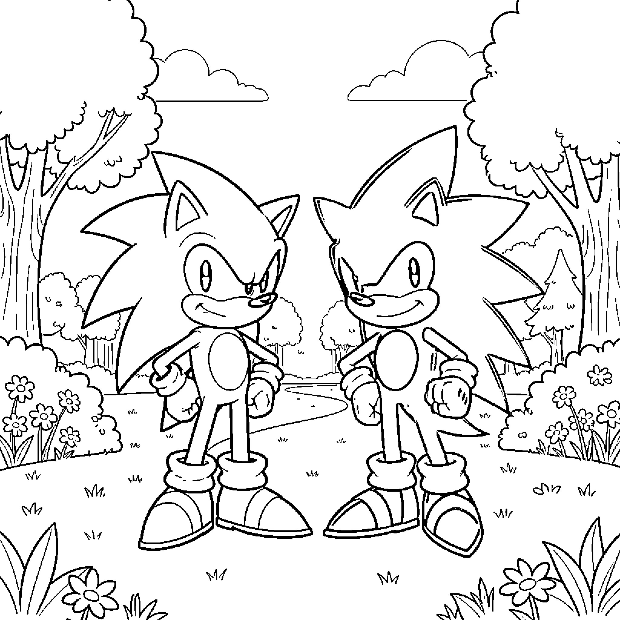 Sonic characters in a natural setting Coloring Page (free black-and-white line drawing printable PDF for all, from beginners to advanced learners, including children, teens, adults, and seniors)