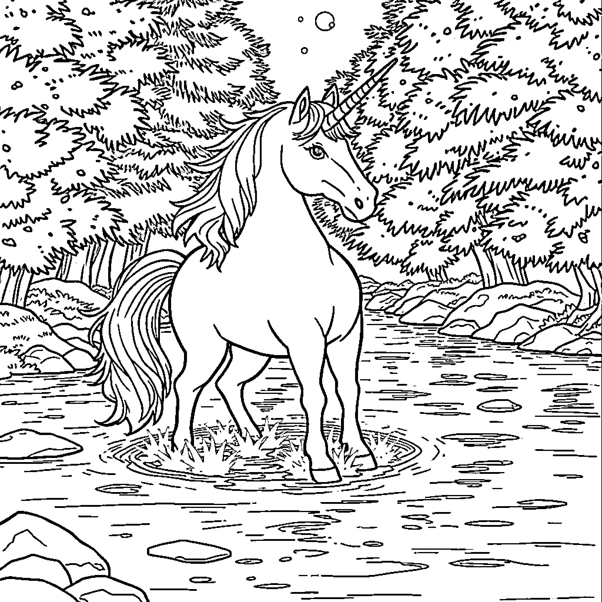 Unicorn in enchanted forest clearing Coloring Page (free black-and-white line drawing printable PDF for all, from beginners to advanced learners, including children, teens, adults, and seniors)