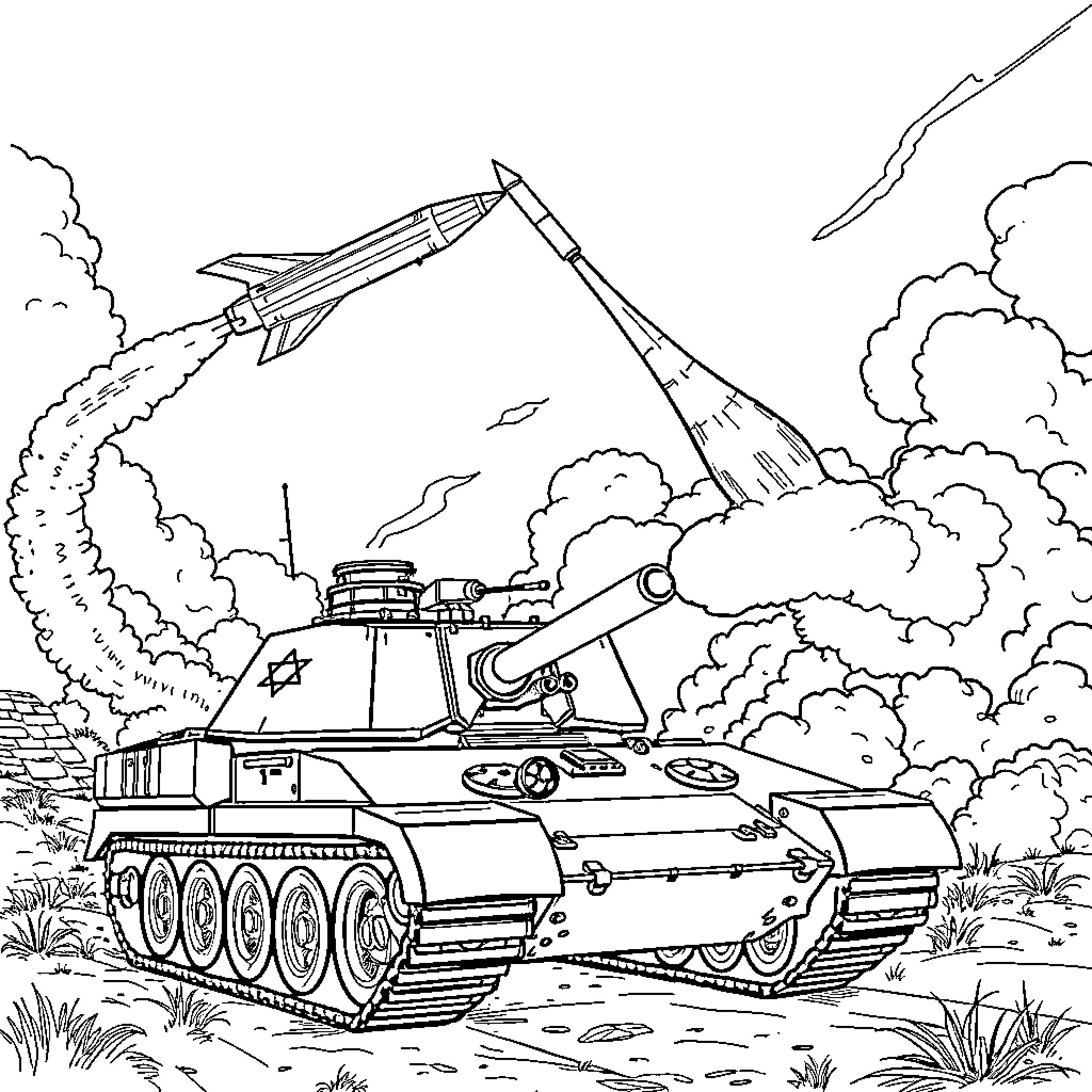 Tank blasting off into the sky with rocket launch Coloring Page (free black-and-white line drawing printable PDF for all, from beginners to advanced learners, including children, teens, adults, and seniors)