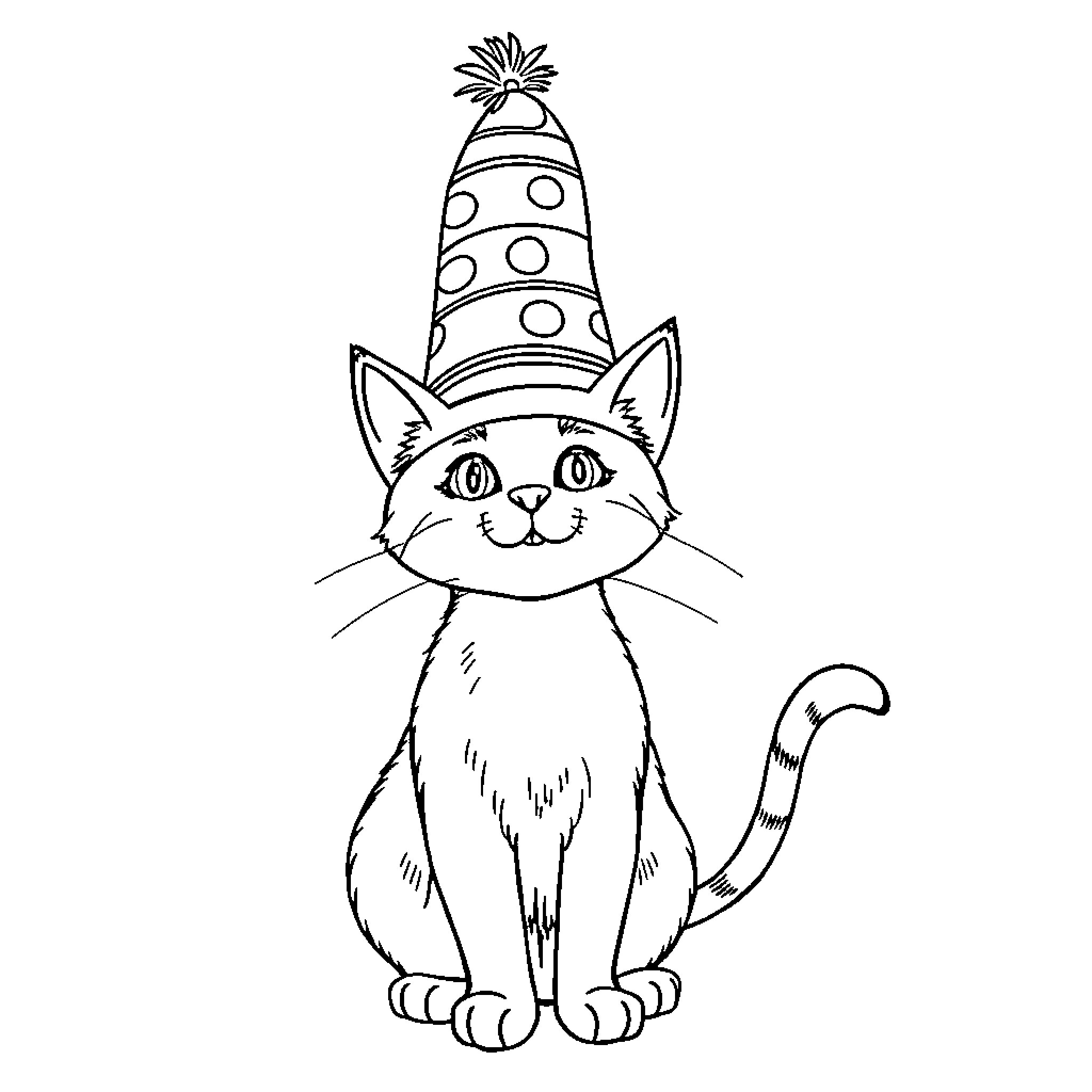 Cat in Festive Party Hat Coloring Page (free black-and-white line drawing printable PDF for all, from beginners to advanced learners, including children, teens, adults, and seniors)