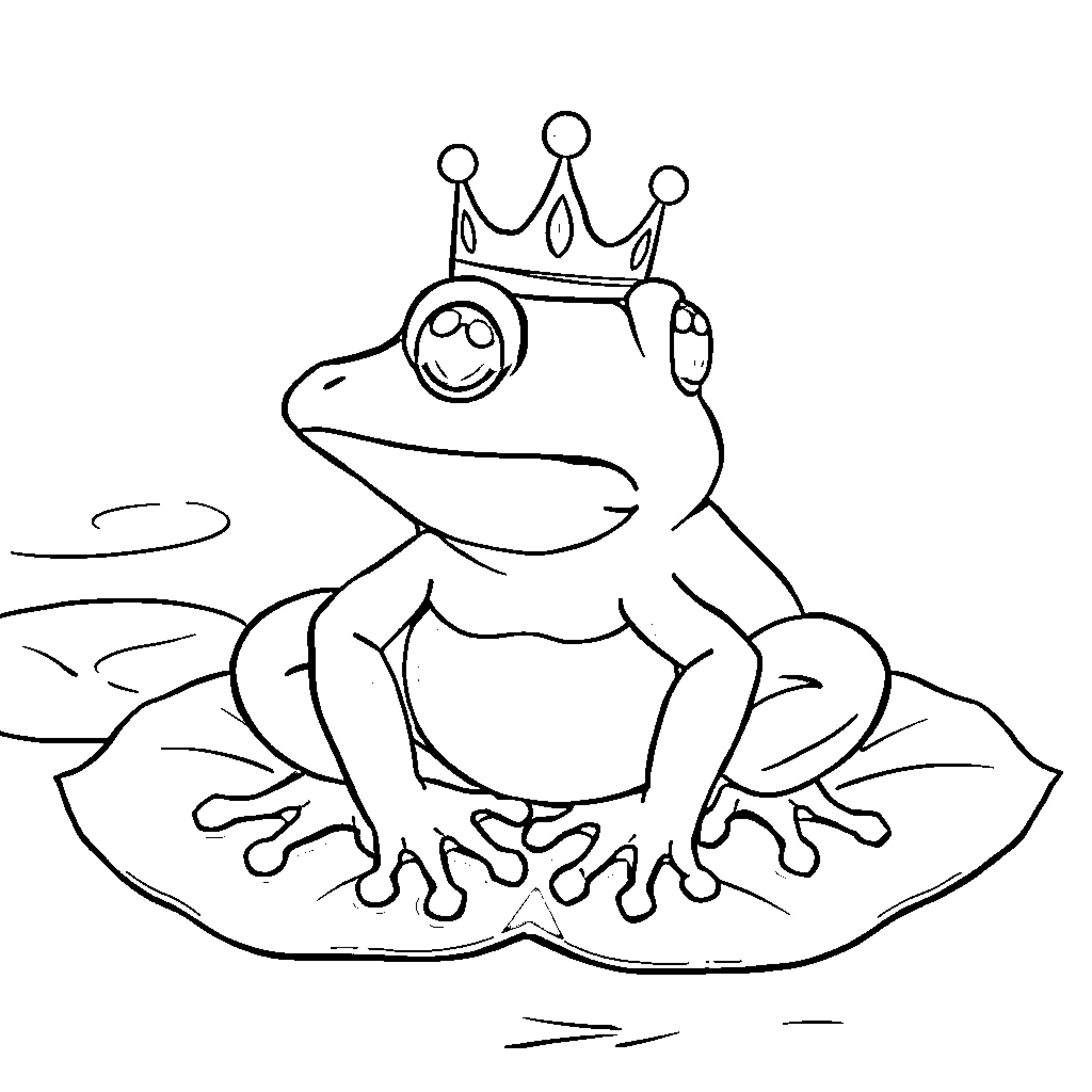 Frog wearing a crown sitting on a lily pad Coloring Page (free black-and-white line drawing printable PDF for all, from beginners to advanced learners, including children, teens, adults, and seniors)