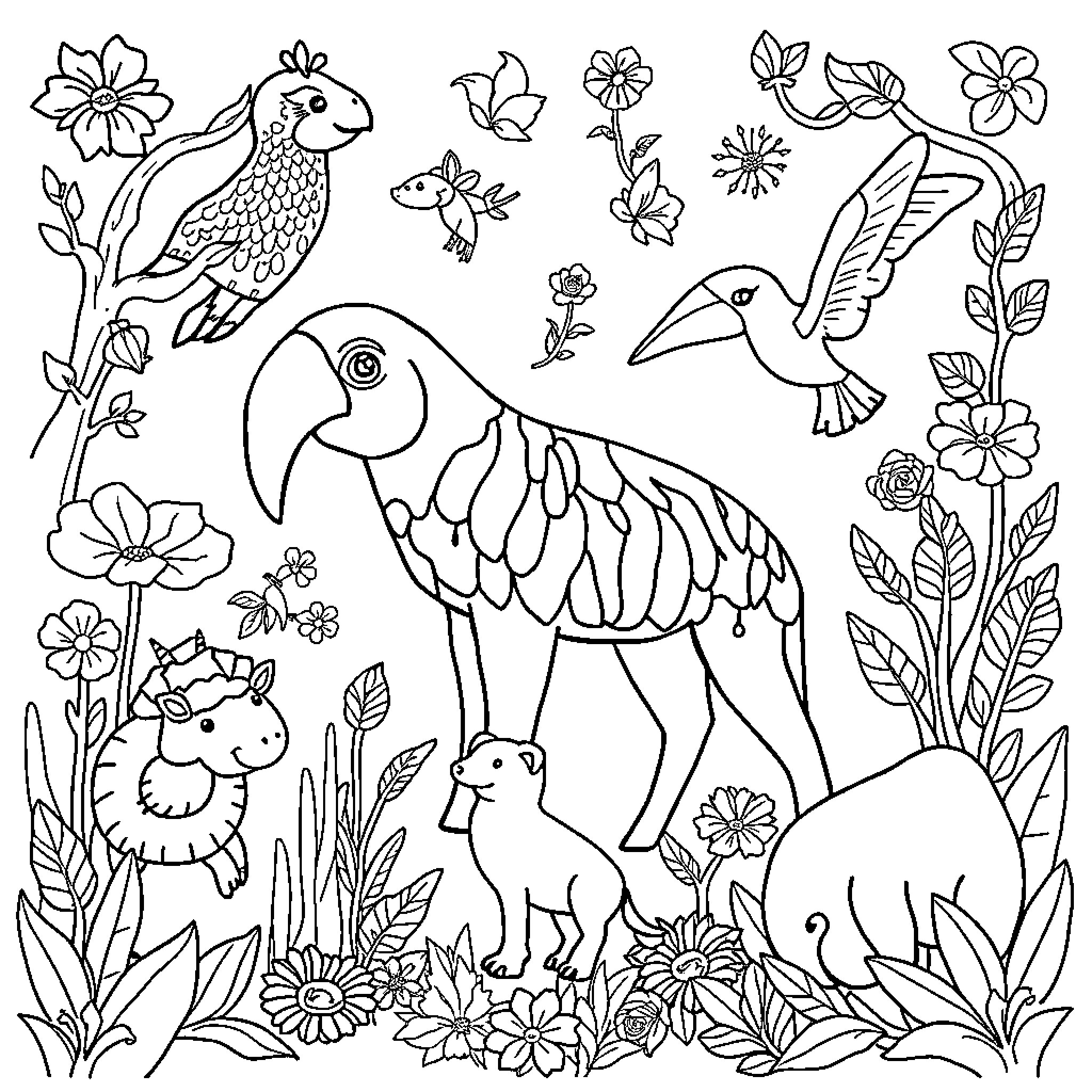 Animal images with flowers, birds, and rabbits Coloring Page (free black-and-white line drawing printable PDF for all, from beginners to advanced learners, including children, teens, adults, and seniors)