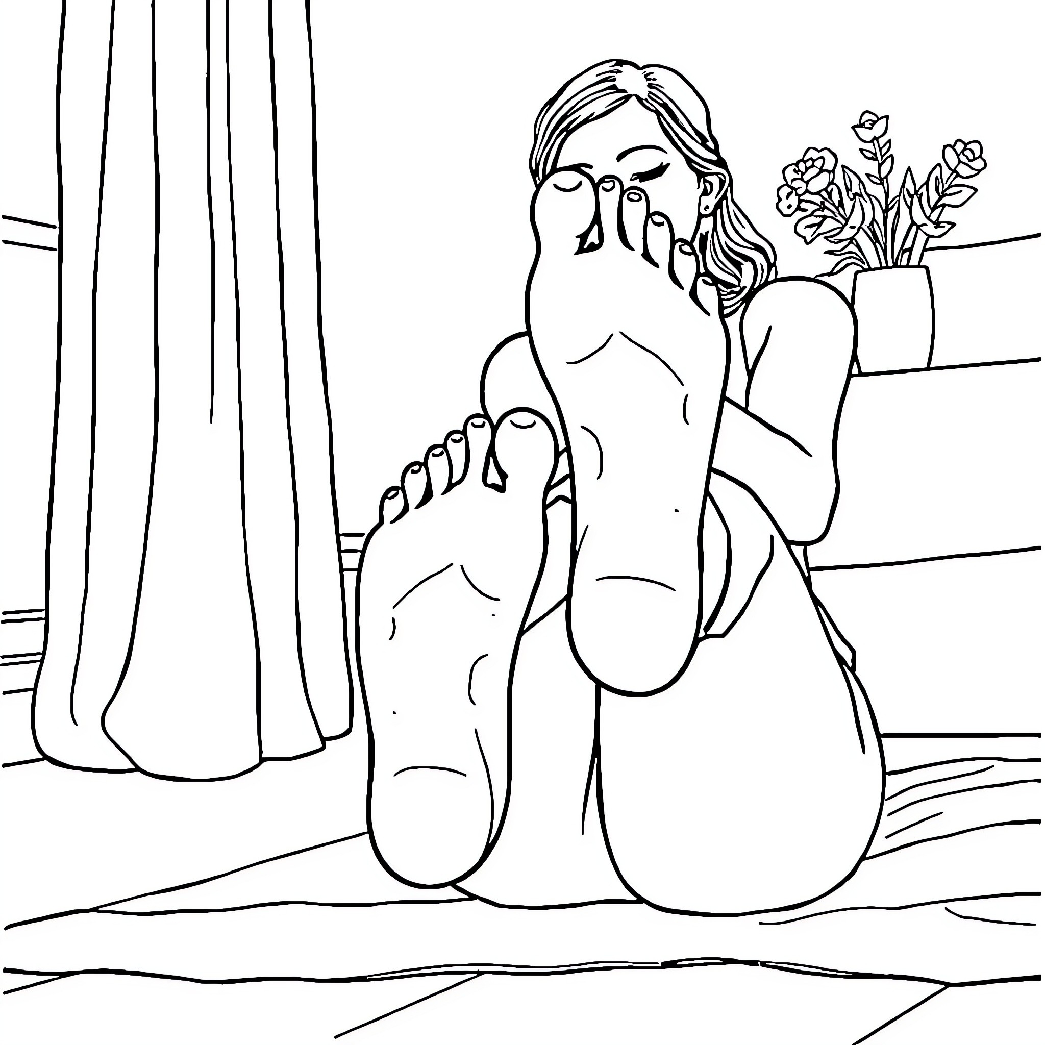Woman resting with flowers in a room Coloring Page (free black-and-white line drawing printable PDF for all, from beginners to advanced learners, including children, teens, adults, and seniors)