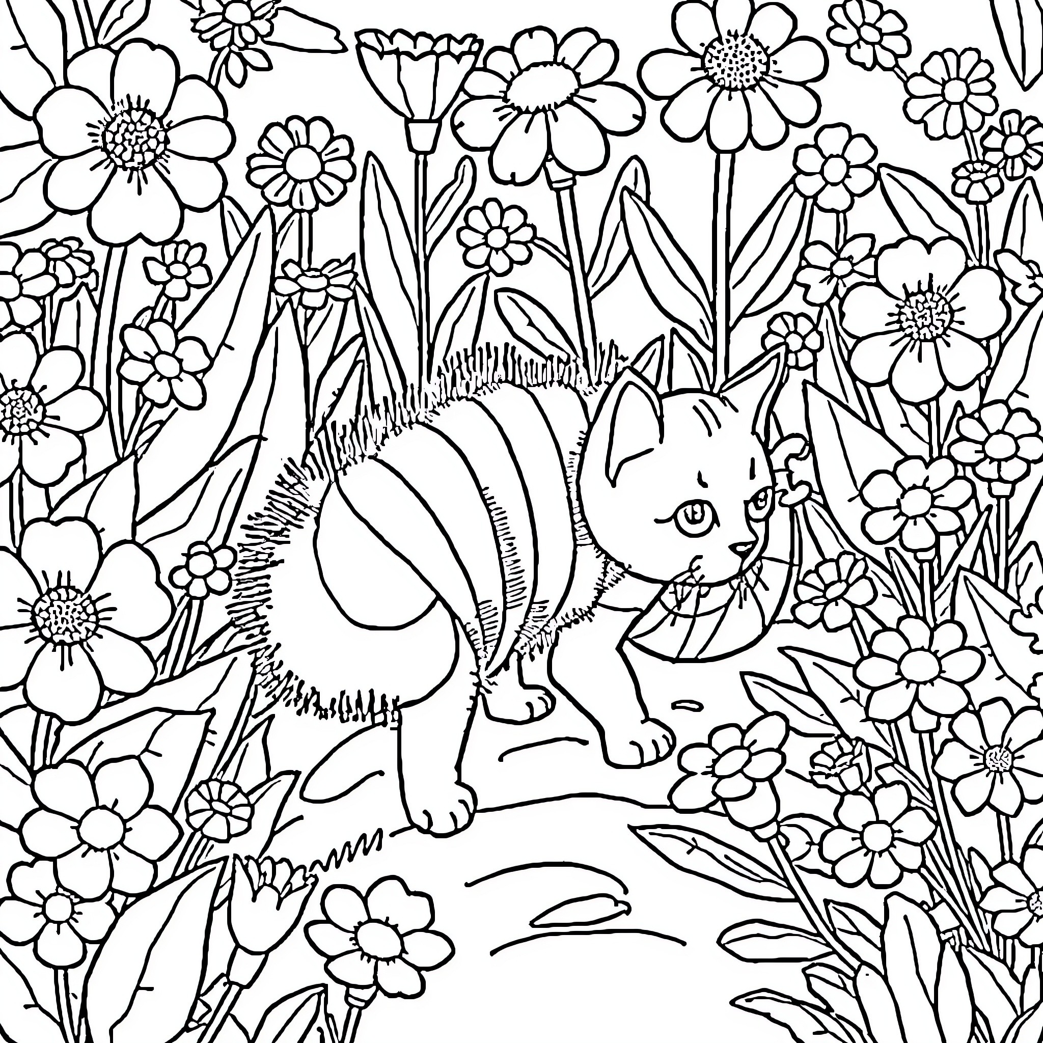 Cat-Caterpillar plays in a garden of flowers Coloring Page (free black-and-white line drawing printable PDF for all, from beginners to advanced learners, including children, teens, adults, and seniors)