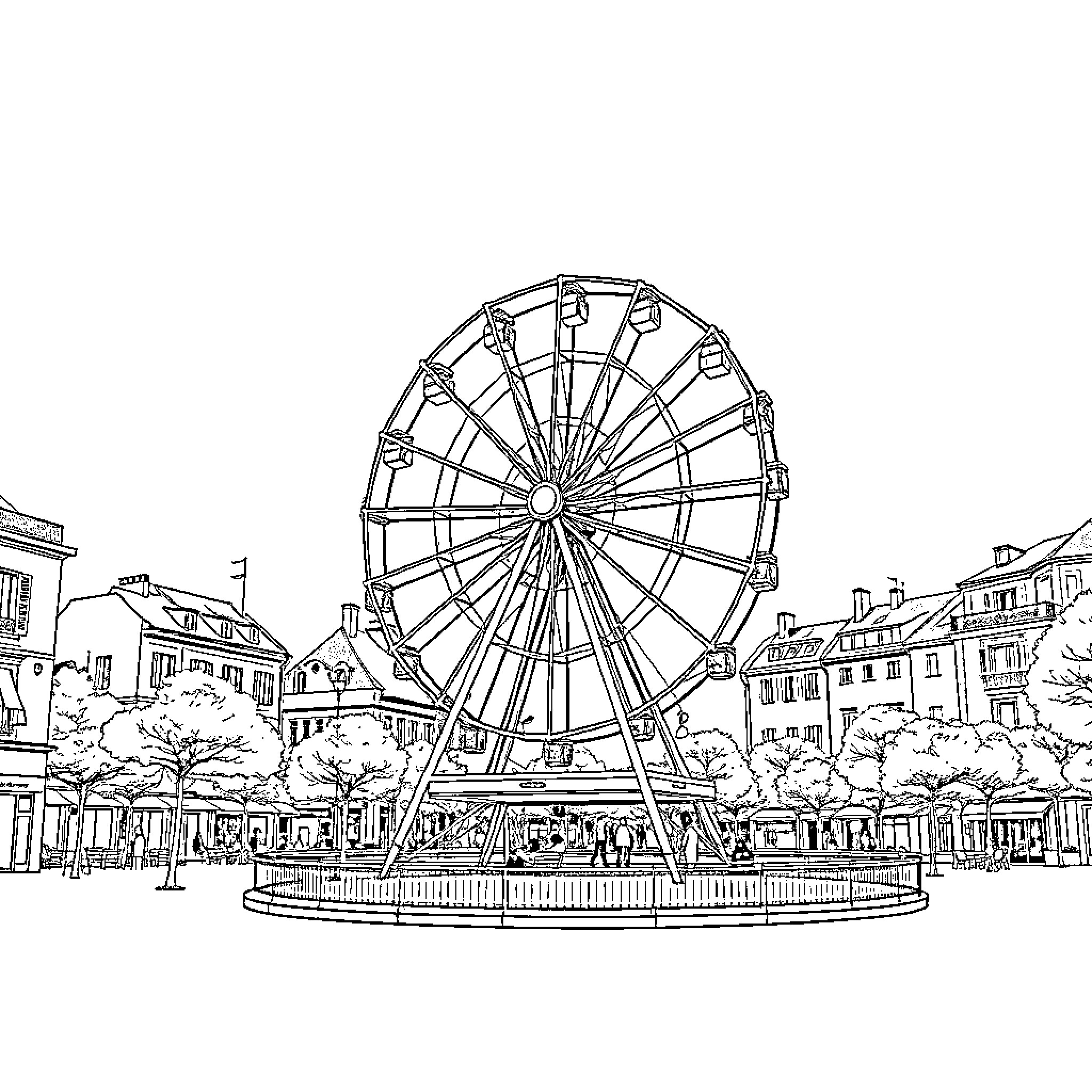 Wheel of Fortune at Amusement Park Coloring Page (free black-and-white line drawing printable PDF for all, from beginners to advanced learners, including children, teens, adults, and seniors)