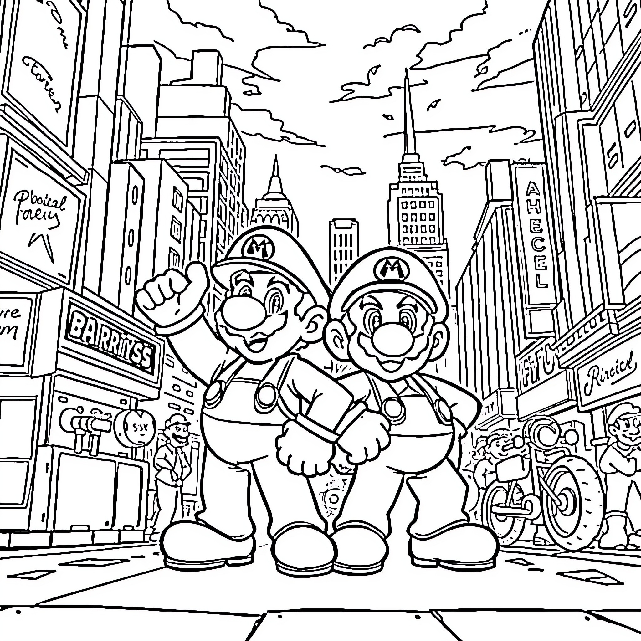 Mario Brothers Explore the City Skyline Coloring Page (free black-and-white line drawing printable PDF for all, from beginners to advanced learners, including children, teens, adults, and seniors)