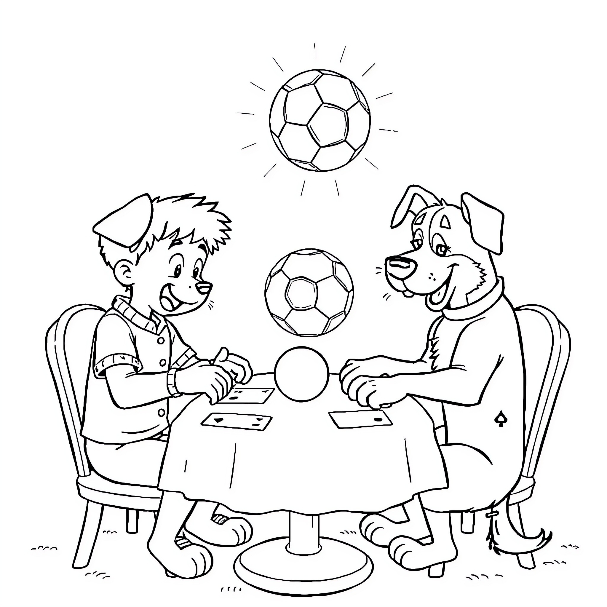 Oliver and his dog playing with soccer balls Coloring Page (free black-and-white line drawing printable PDF for all, from beginners to advanced learners, including children, teens, adults, and seniors)
